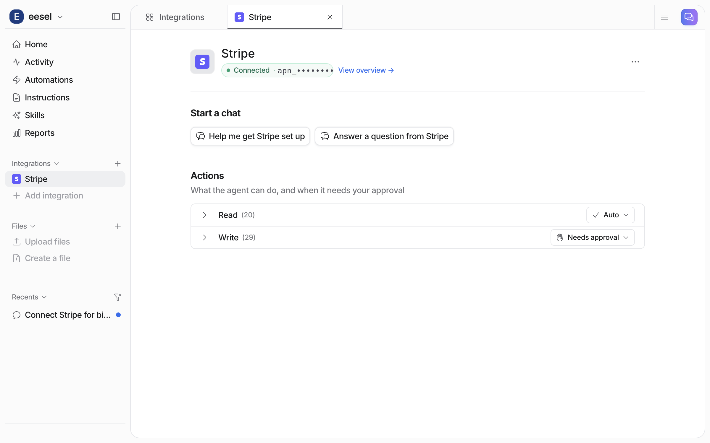 The connected Stripe integration page with Start a chat prompts and the Actions list: Read (20) on Auto, Write (29) on Needs approval