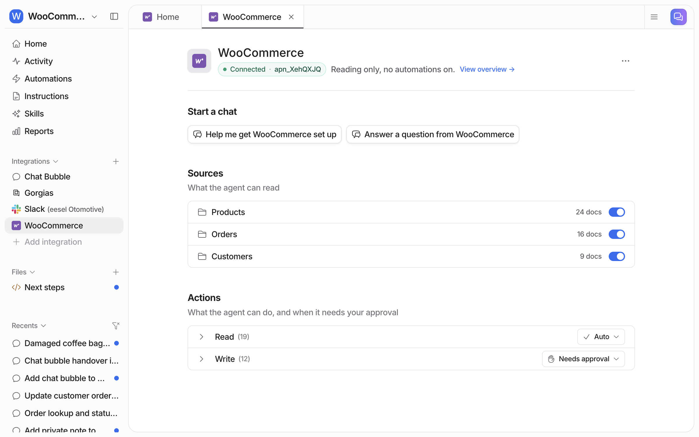The connected WooCommerce integration page in eesel, with Products, Orders and Customers under Sources and the Read and Write action groups