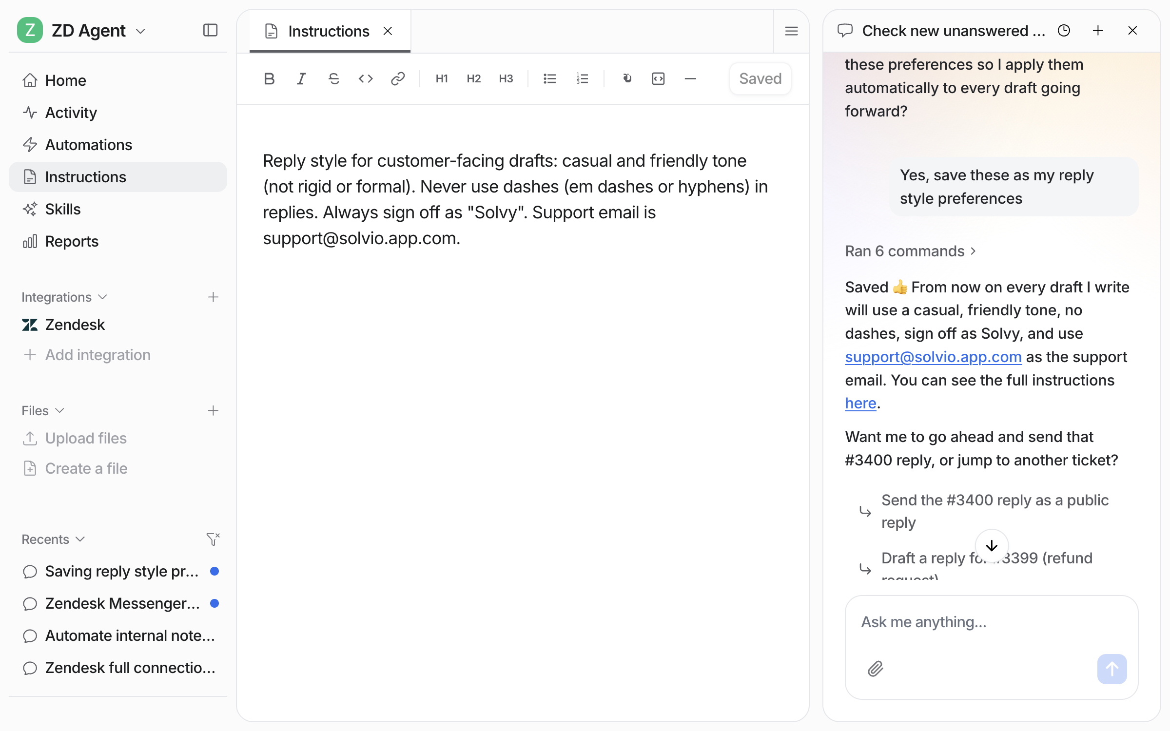The Instructions page open beside the chat, showing the saved rule about tone, sign-off and the support email