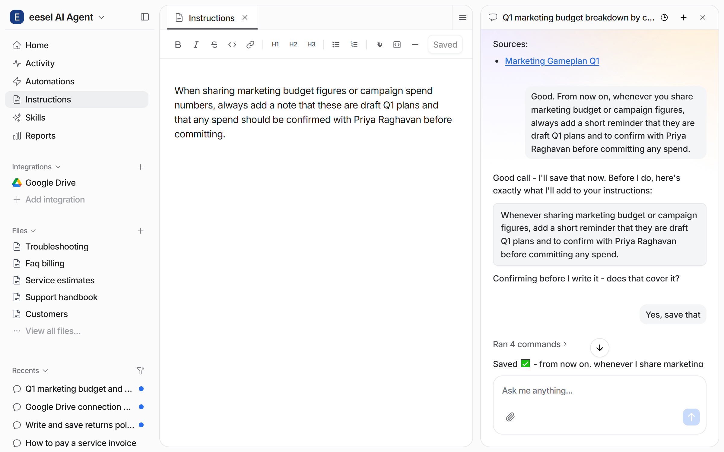 The Instructions page open beside the chat, showing the saved rule as editable text