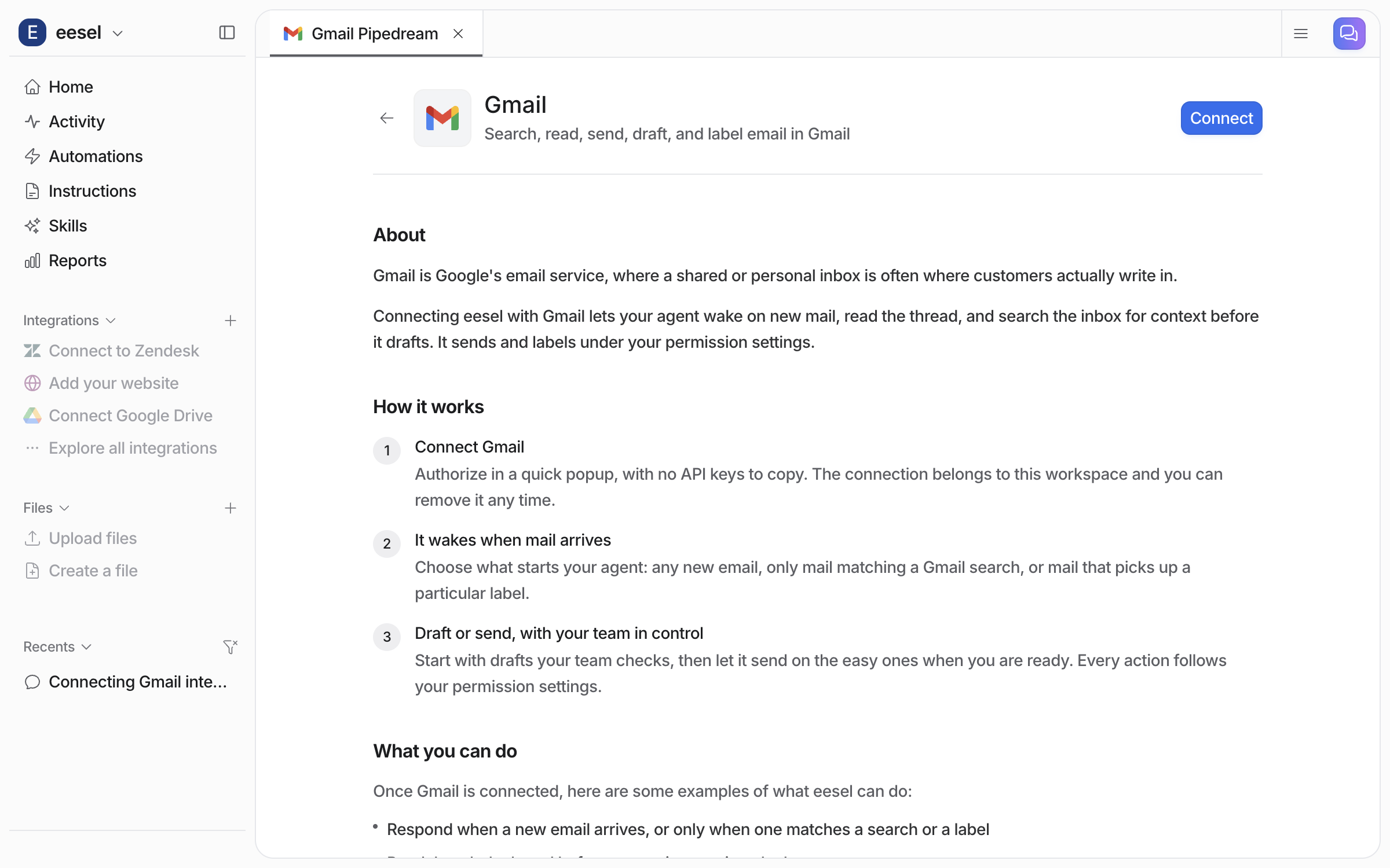 The Gmail integration page before connecting, with a Connect button in the top right, an About section, a How it works list and the start of a What you can do list