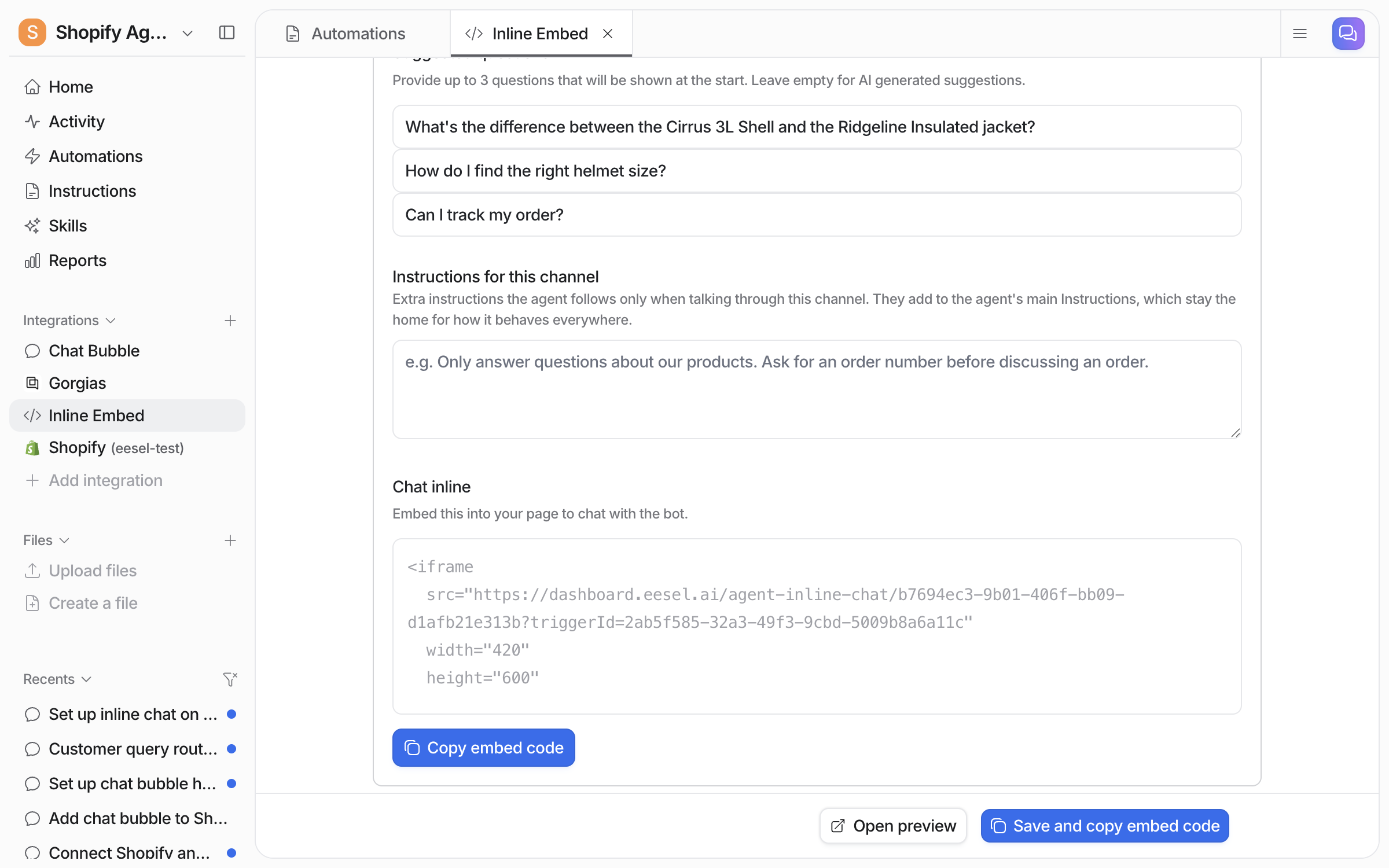 The Chat inline section of the settings page with the iframe embed code and a Copy embed code button, above Save and copy embed code