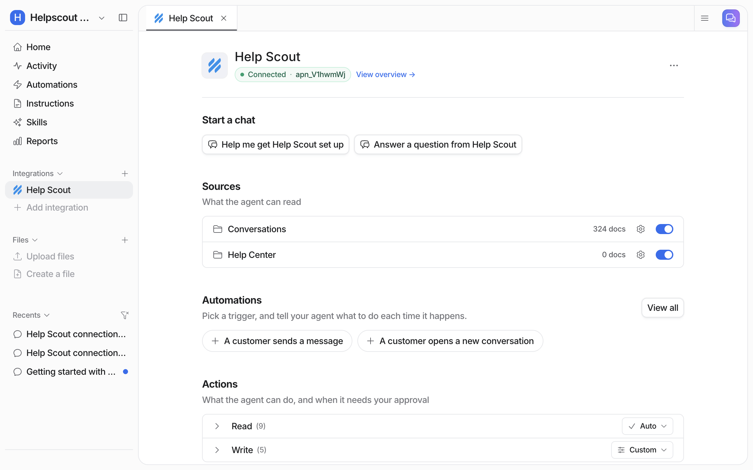 The connected Help Scout integration page in eesel, listing Conversations with 324 docs and Help Center with 0 docs, each with a toggle, plus the trigger and action sections below
