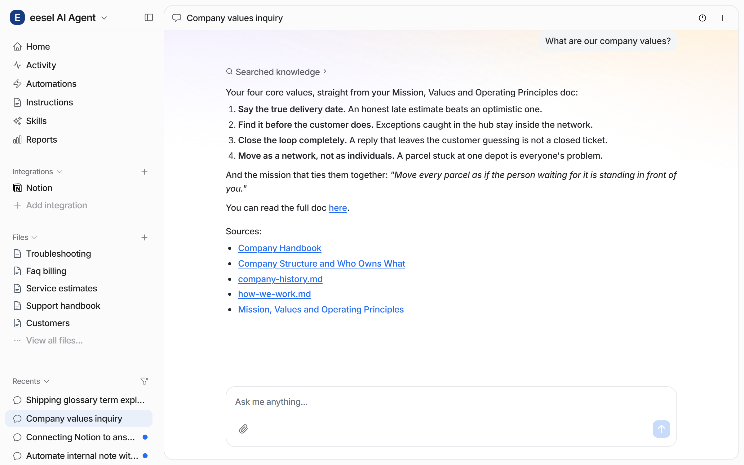 The dashboard chat answering a question from the indexed Notion pages, with a numbered answer, a link to the full page and a Sources list underneath