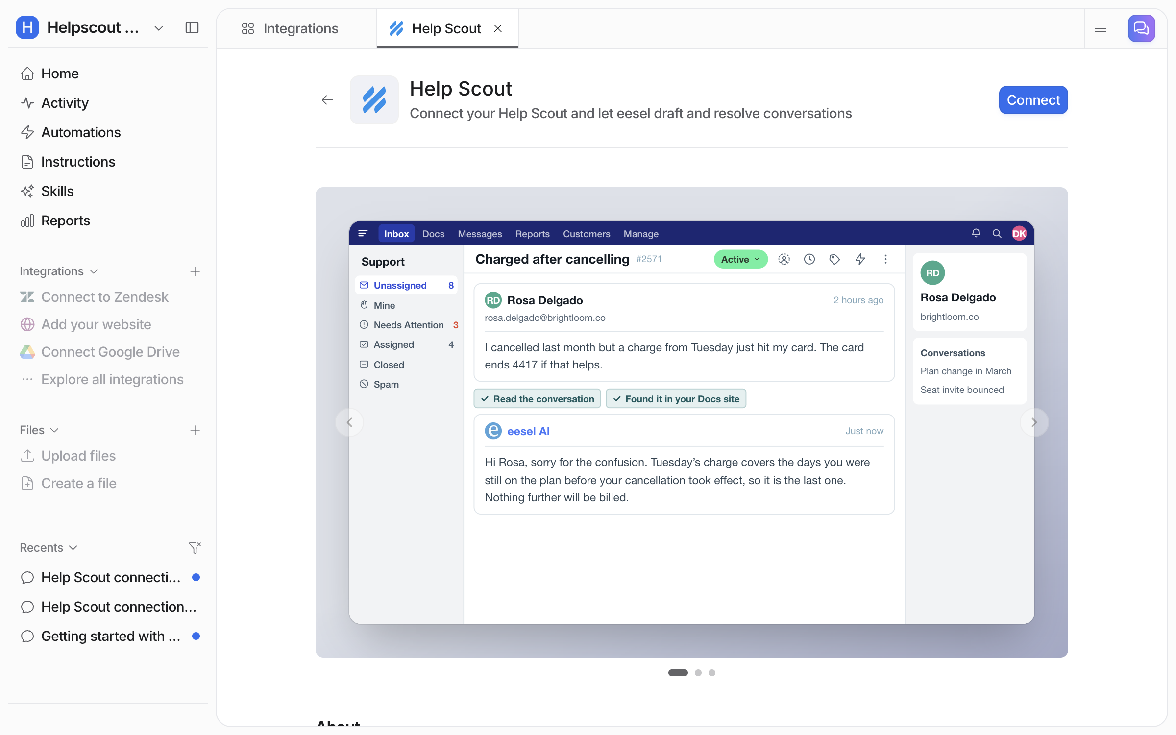 The Help Scout integration page in eesel before connecting, with a Connect button at the top right