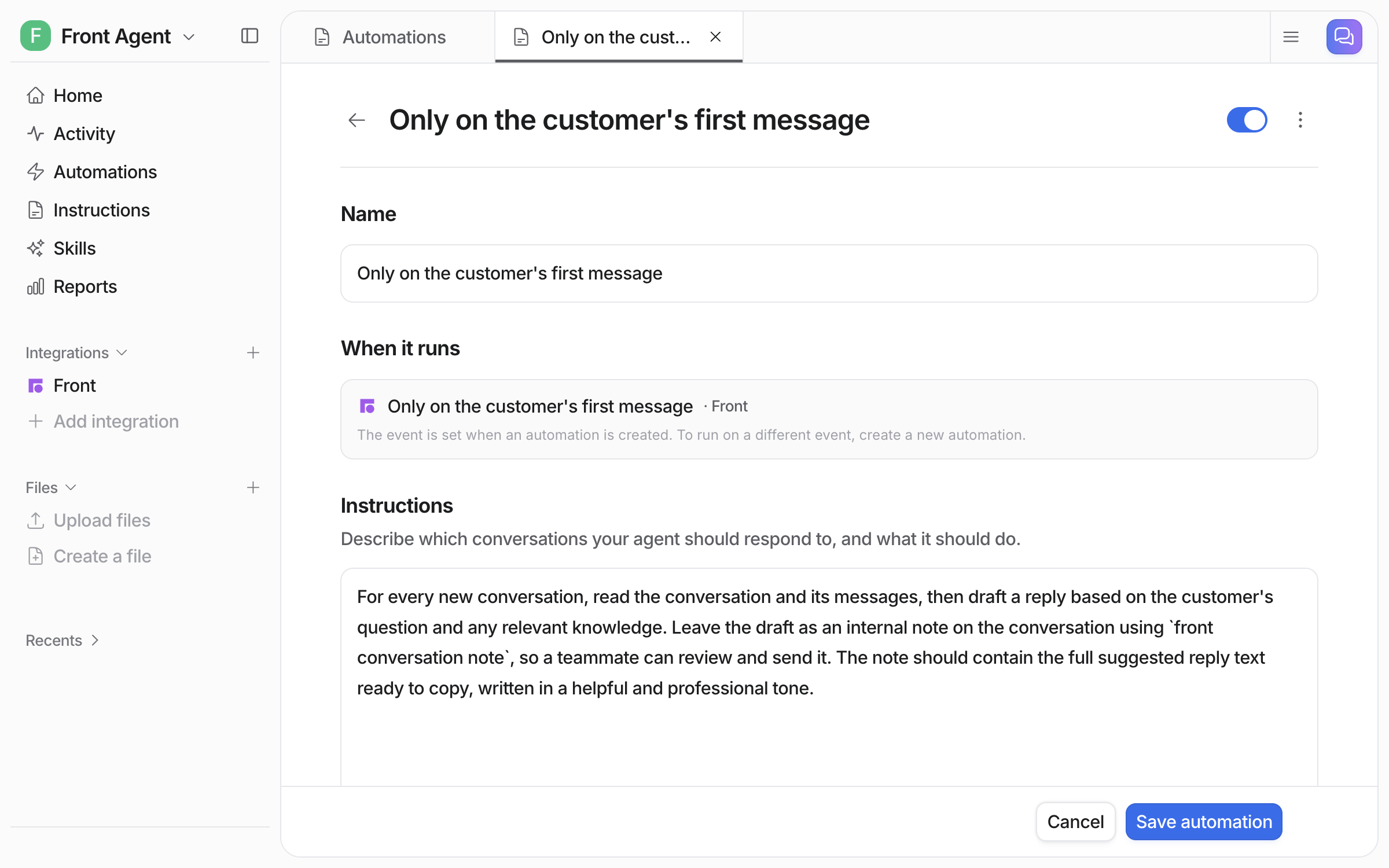 The automation editor showing its name, the Front event it runs on, and the instructions telling the agent to draft a reply as an internal comment