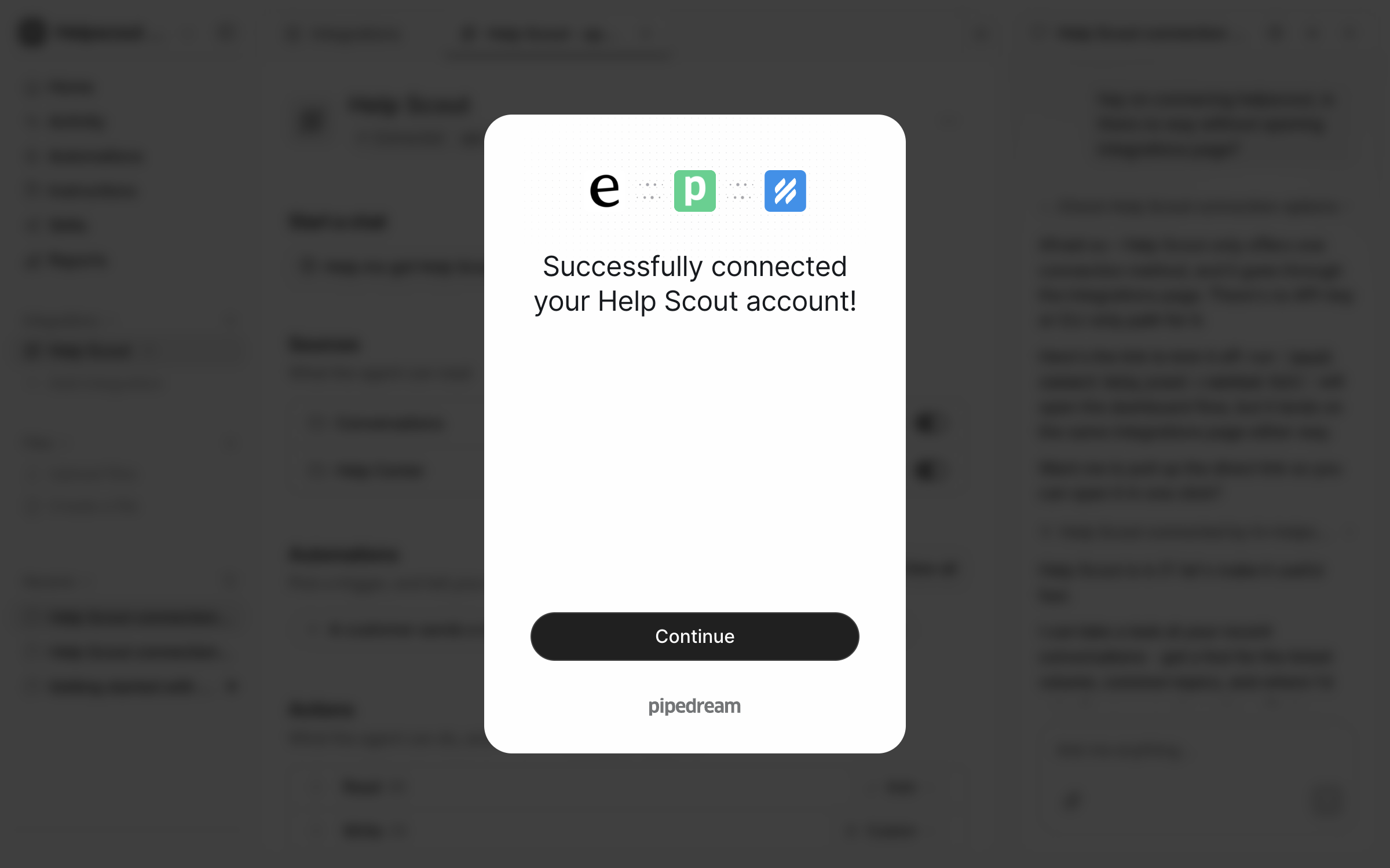 The Pipedream window saying Successfully connected your Help Scout account, with a Continue button, over the eesel Help Scout integration page