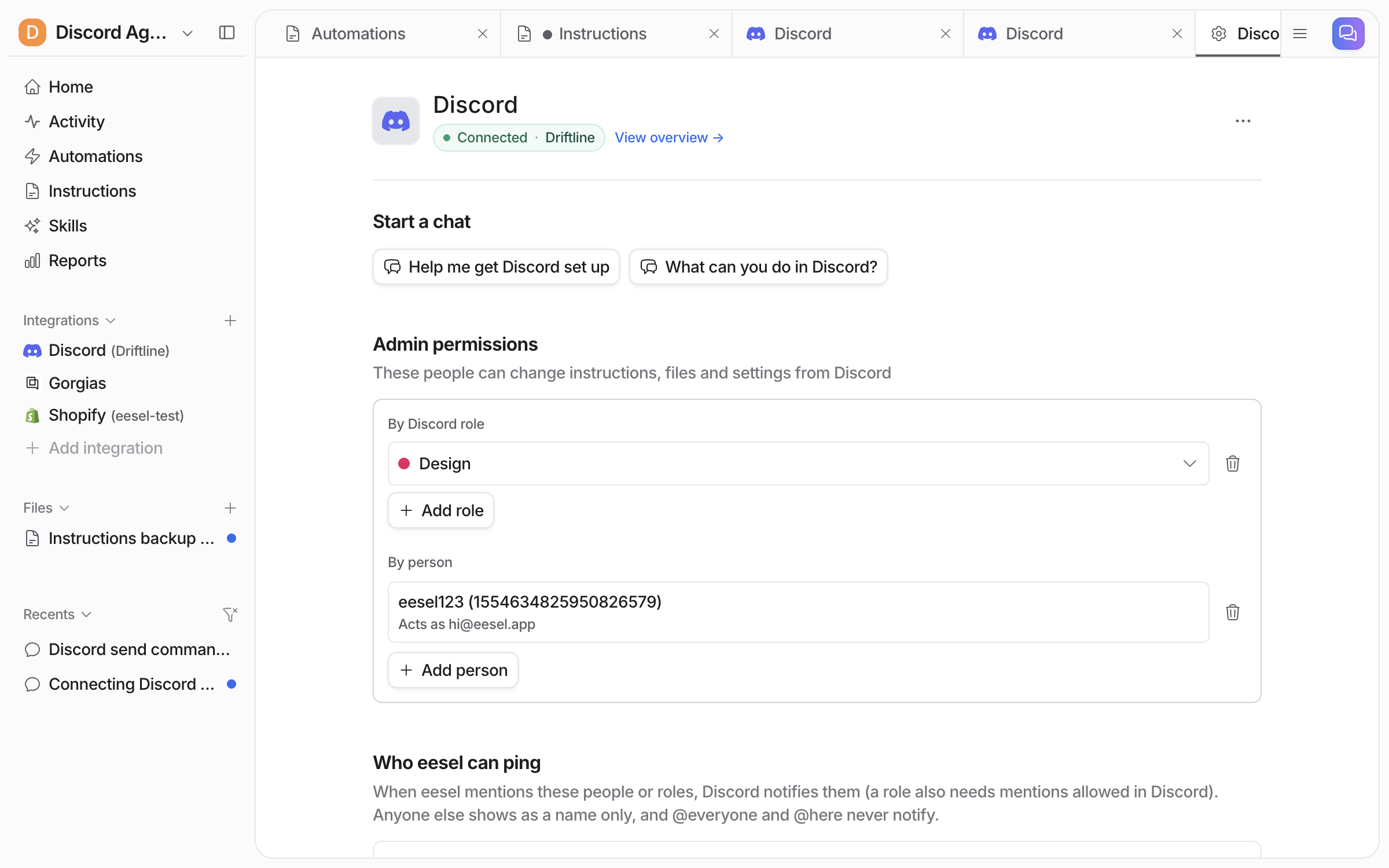 The Admin permissions section on the Discord page in eesel, with the Design role under By Discord role and one person under By person, each with a bin to remove it