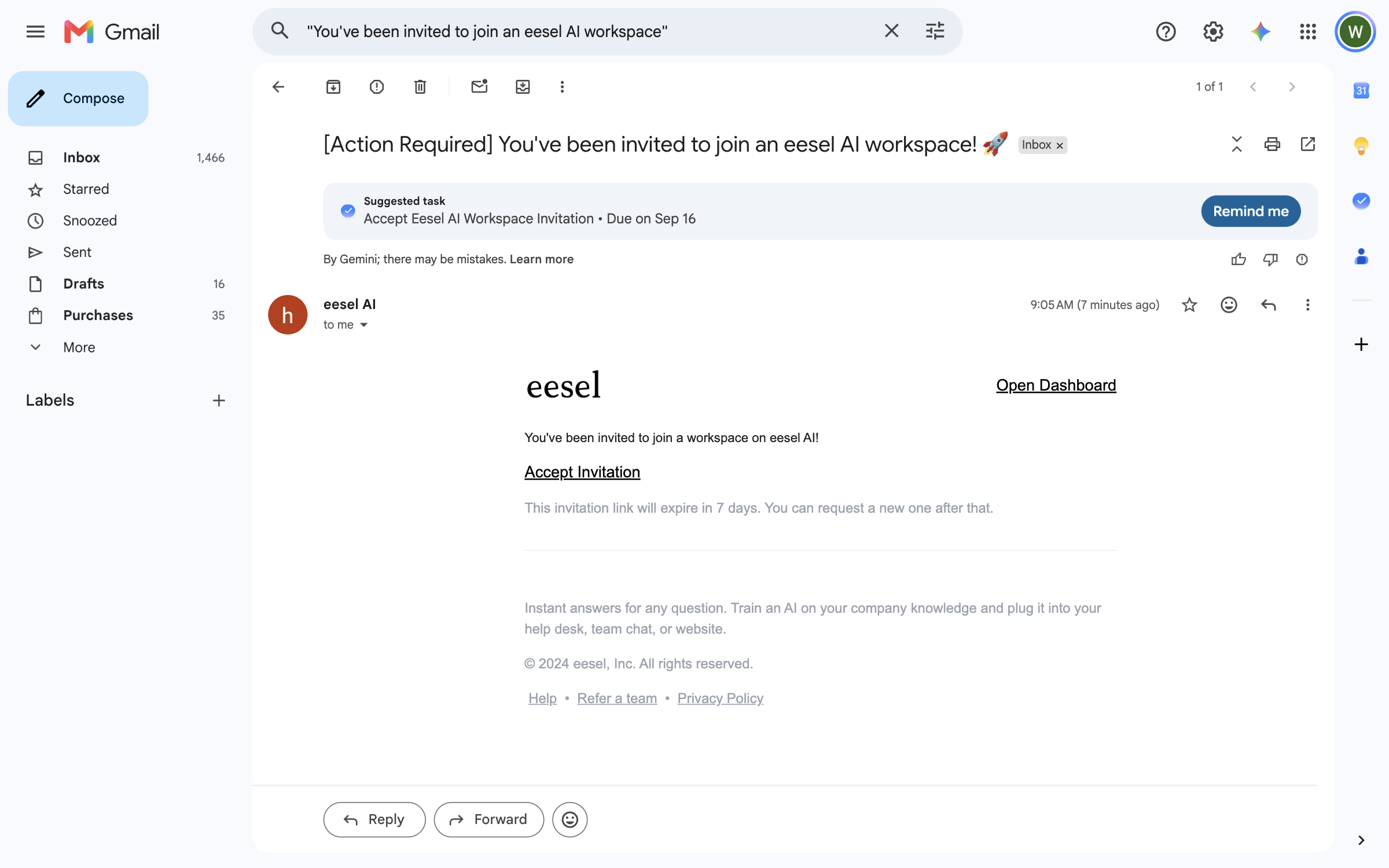 The invitation email in Gmail, titled Action Required, with an Accept Invitation link and a note that the link expires in 7 days
