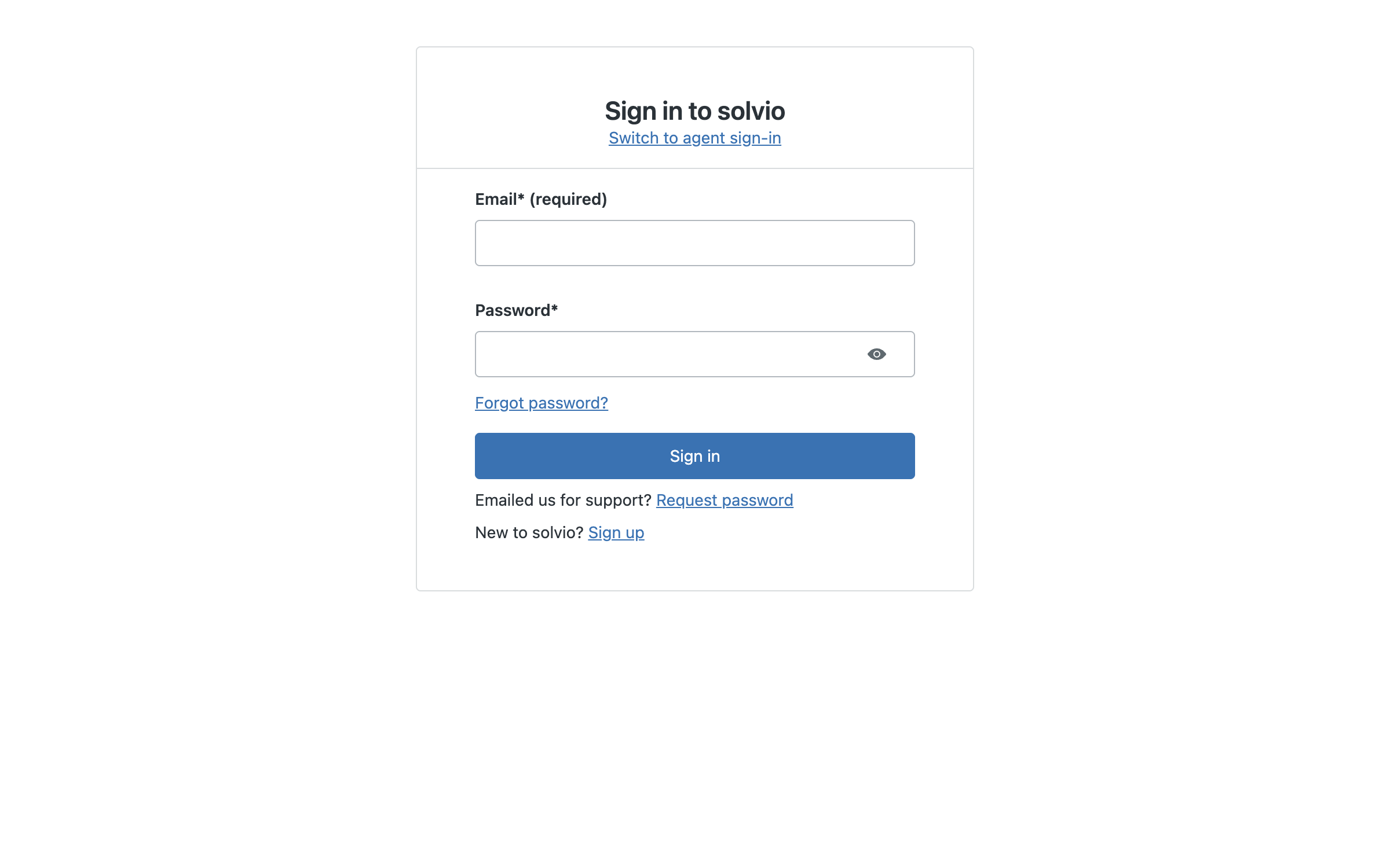 The Zendesk sign-in screen asking for an email and password, with a link to switch to agent sign-in