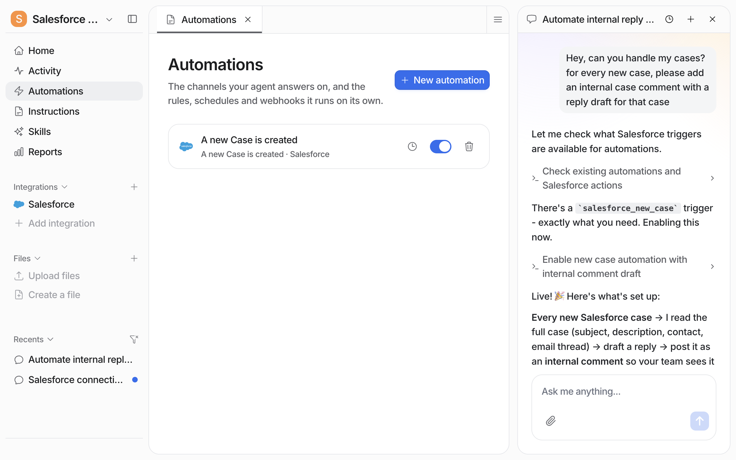 The Automations page in eesel with the A new Case is created rule listed and toggled on