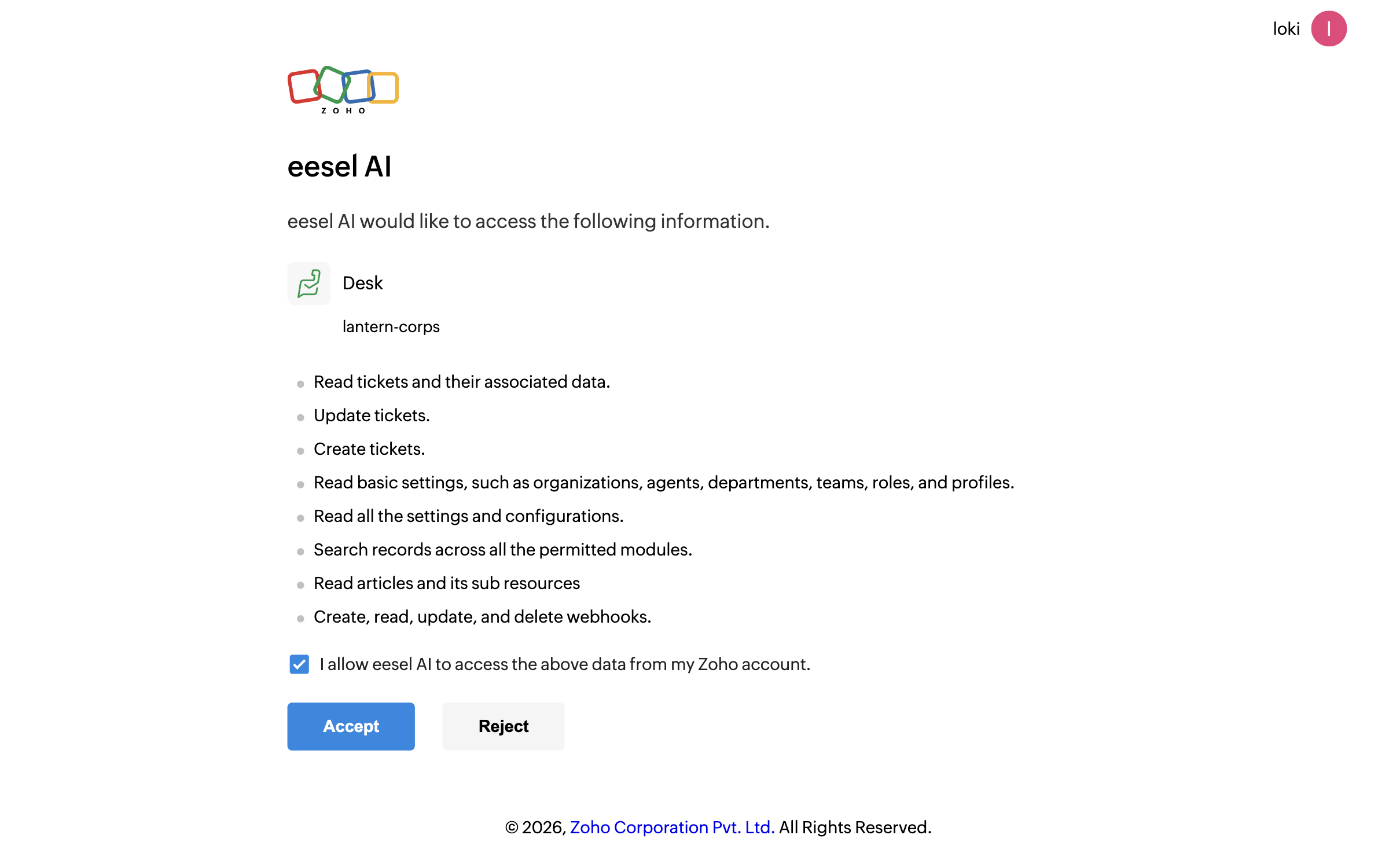 Zoho's authorization screen for a Zoho Desk portal, listing the permissions eesel AI is asking for, with a consent checkbox and Accept and Reject buttons