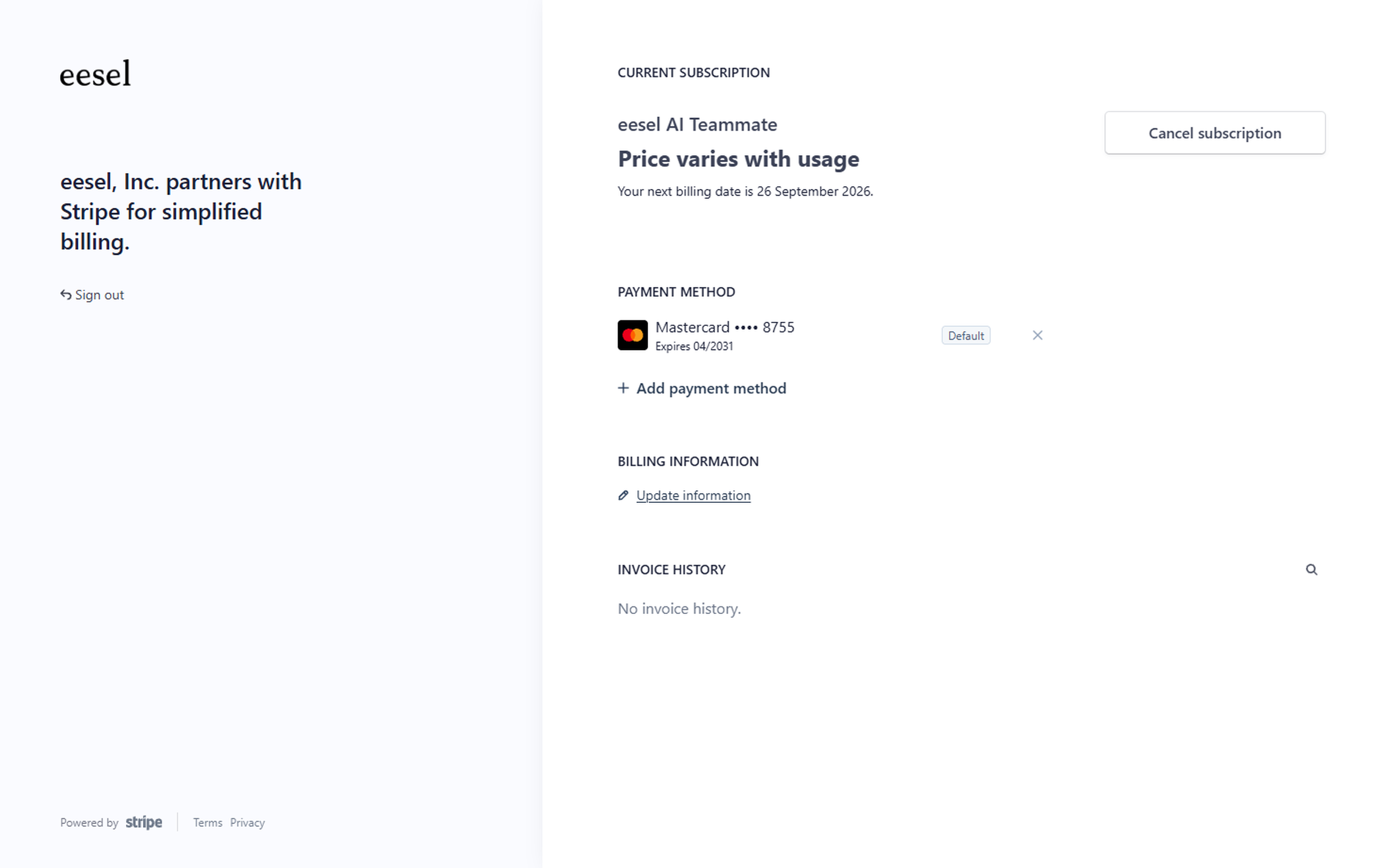 The Stripe billing portal for eesel showing the subscription, the saved card, a link to update billing information and the invoice history