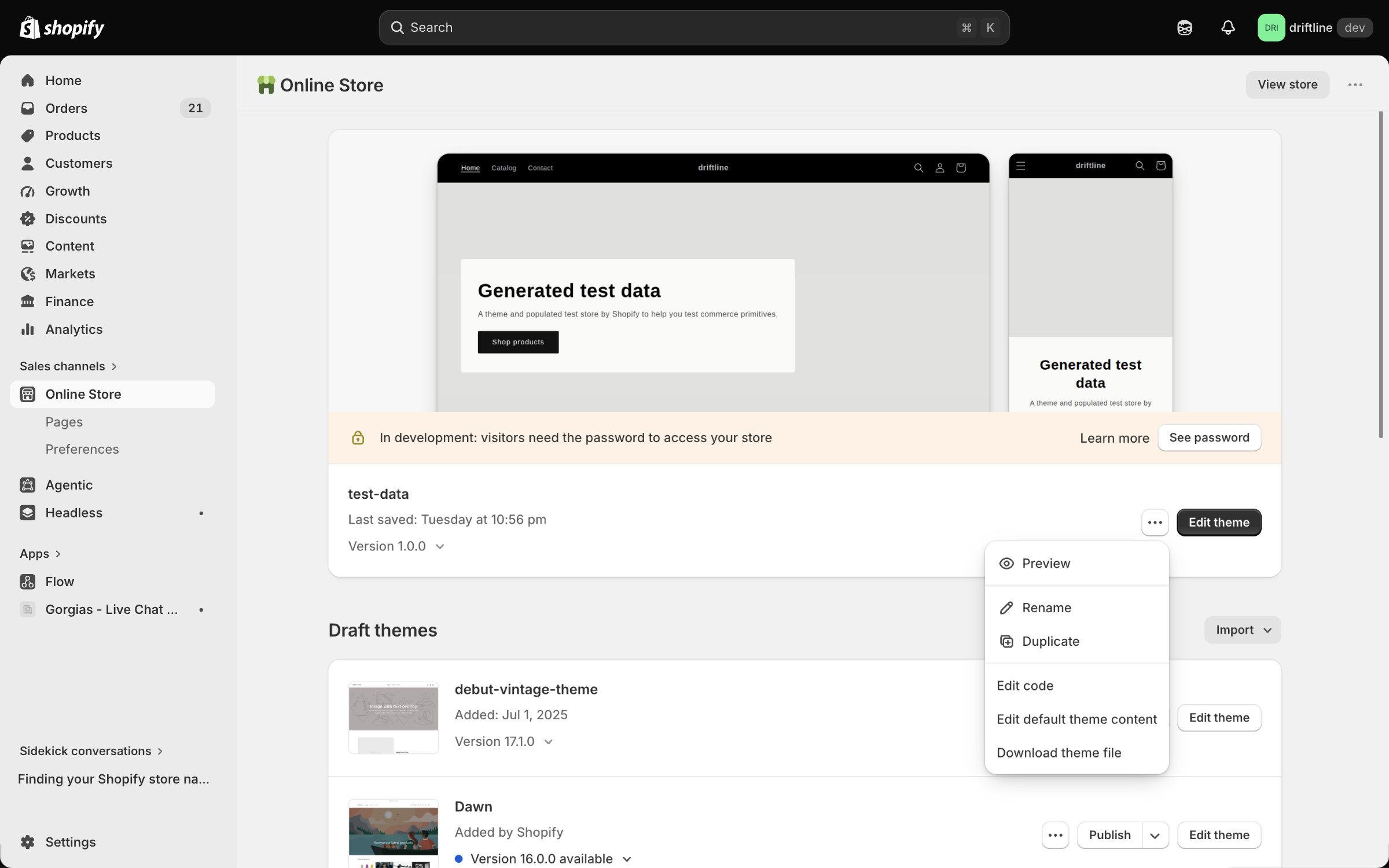 The Shopify admin Themes page with the menu open next to the live theme, showing Preview, Rename, Duplicate, Edit code, Edit default theme content and Download theme file
