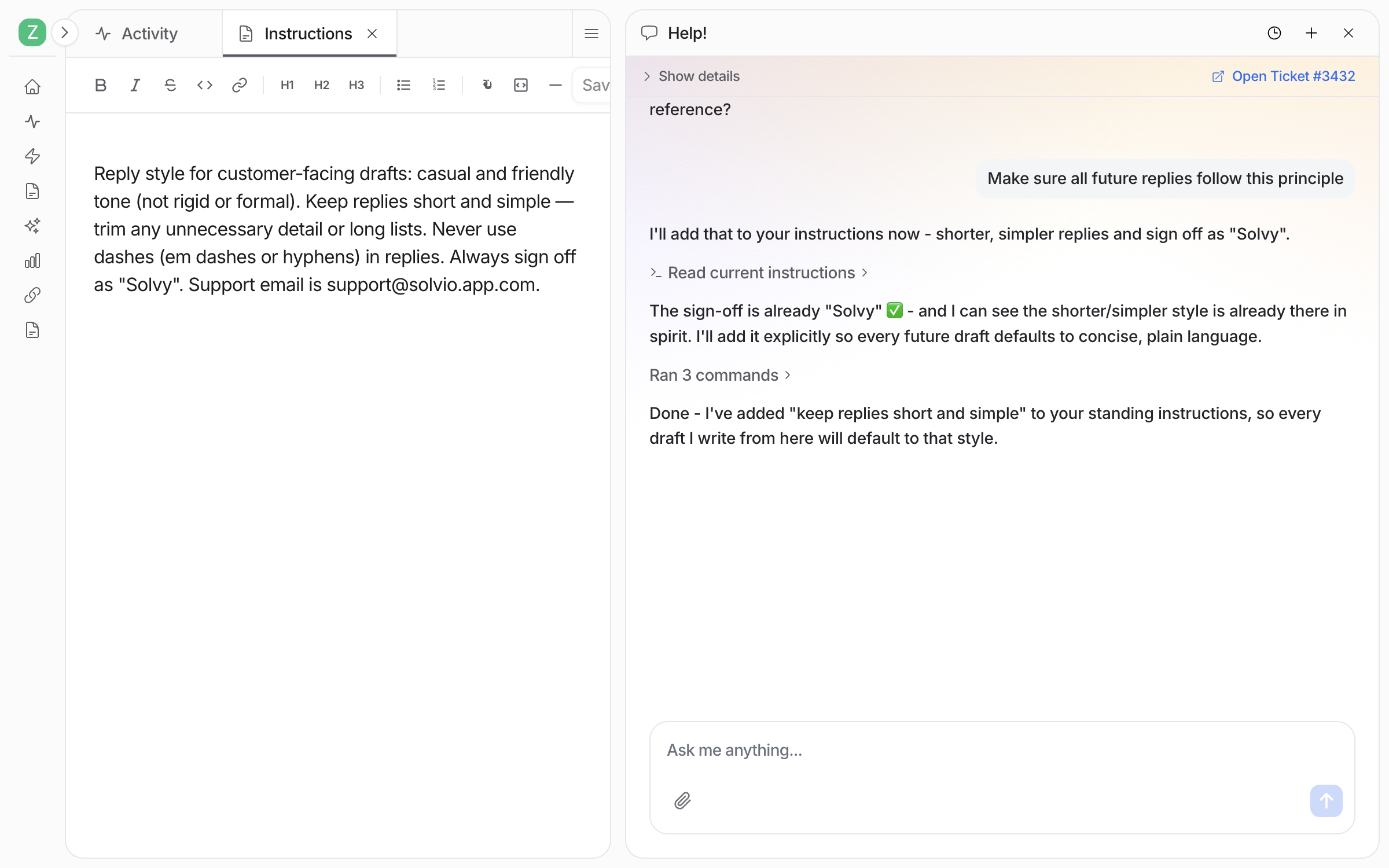 The Instructions page open beside the chat, showing the updated reply style rule, while the agent confirms it read the current instructions and added the shorter, simpler rule