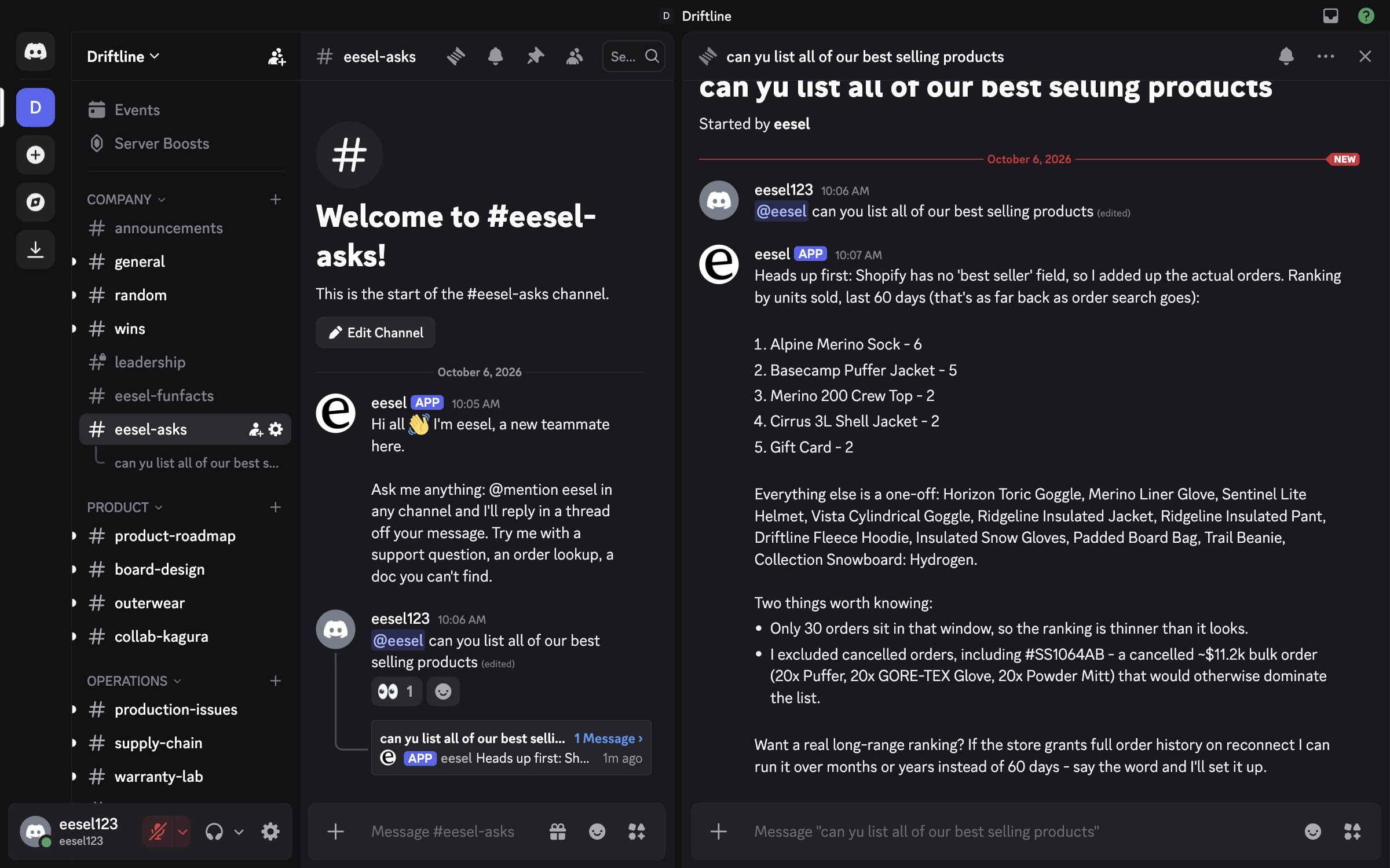 A Discord channel where a member asks eesel for the best selling products, with eyes on the message and eesel's answer in the thread pane, ranked by units sold from the connected store