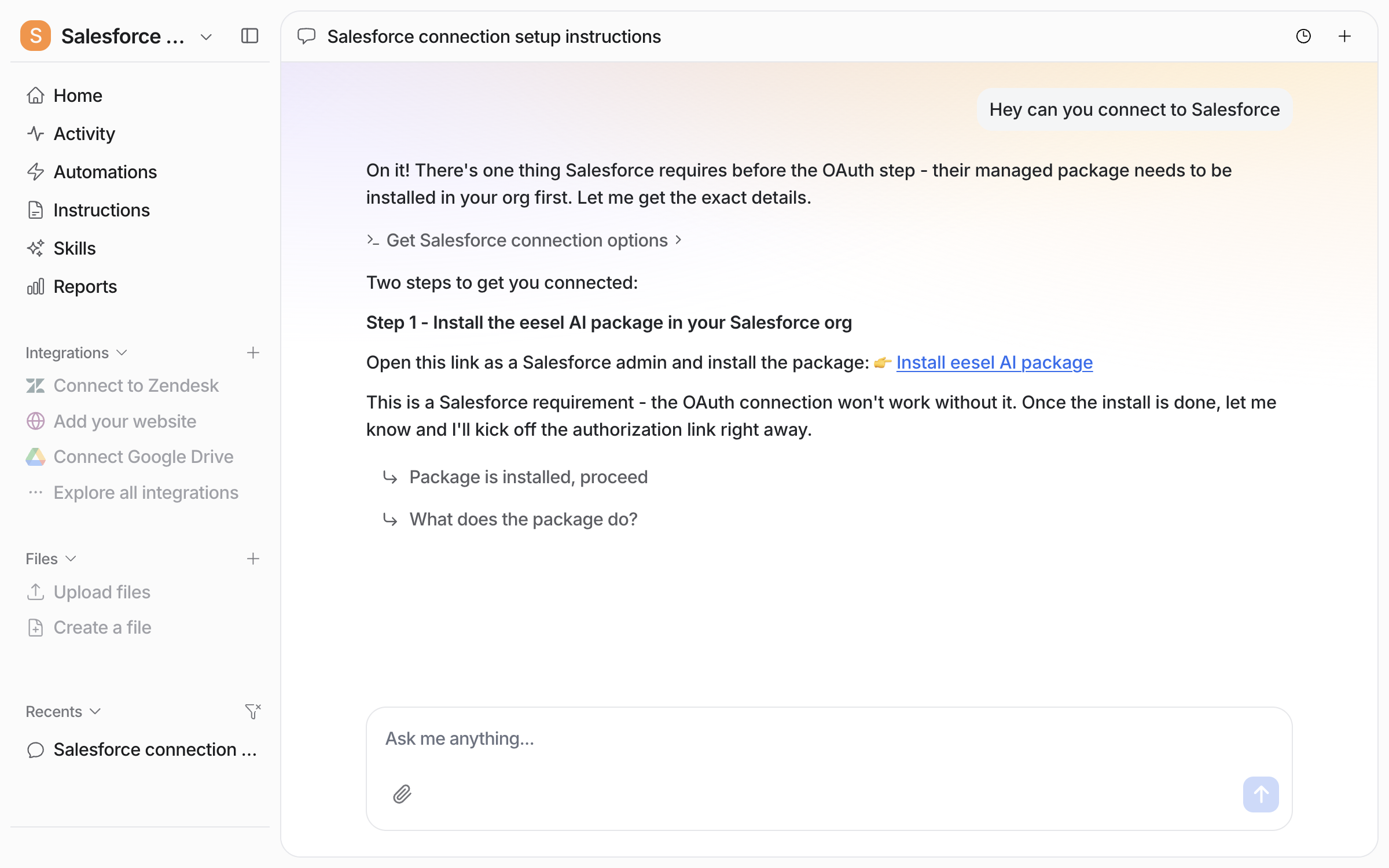 The dashboard chat where the user asks to connect Salesforce and the agent explains the package must be installed first, with an Install eesel AI package link