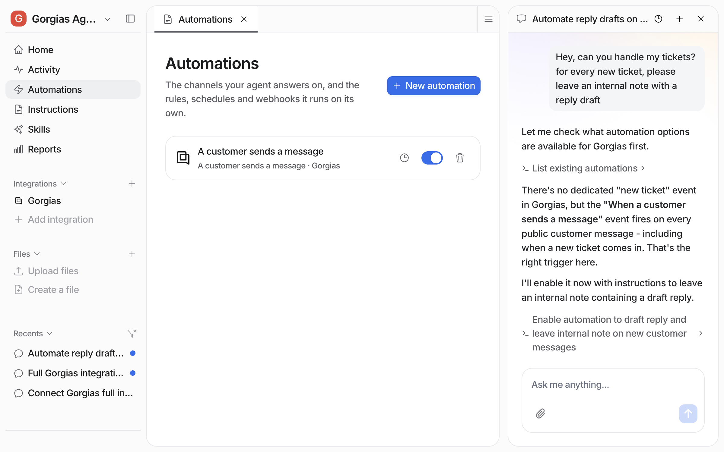 The Automations page in eesel with the Gorgias rule listed and toggled on