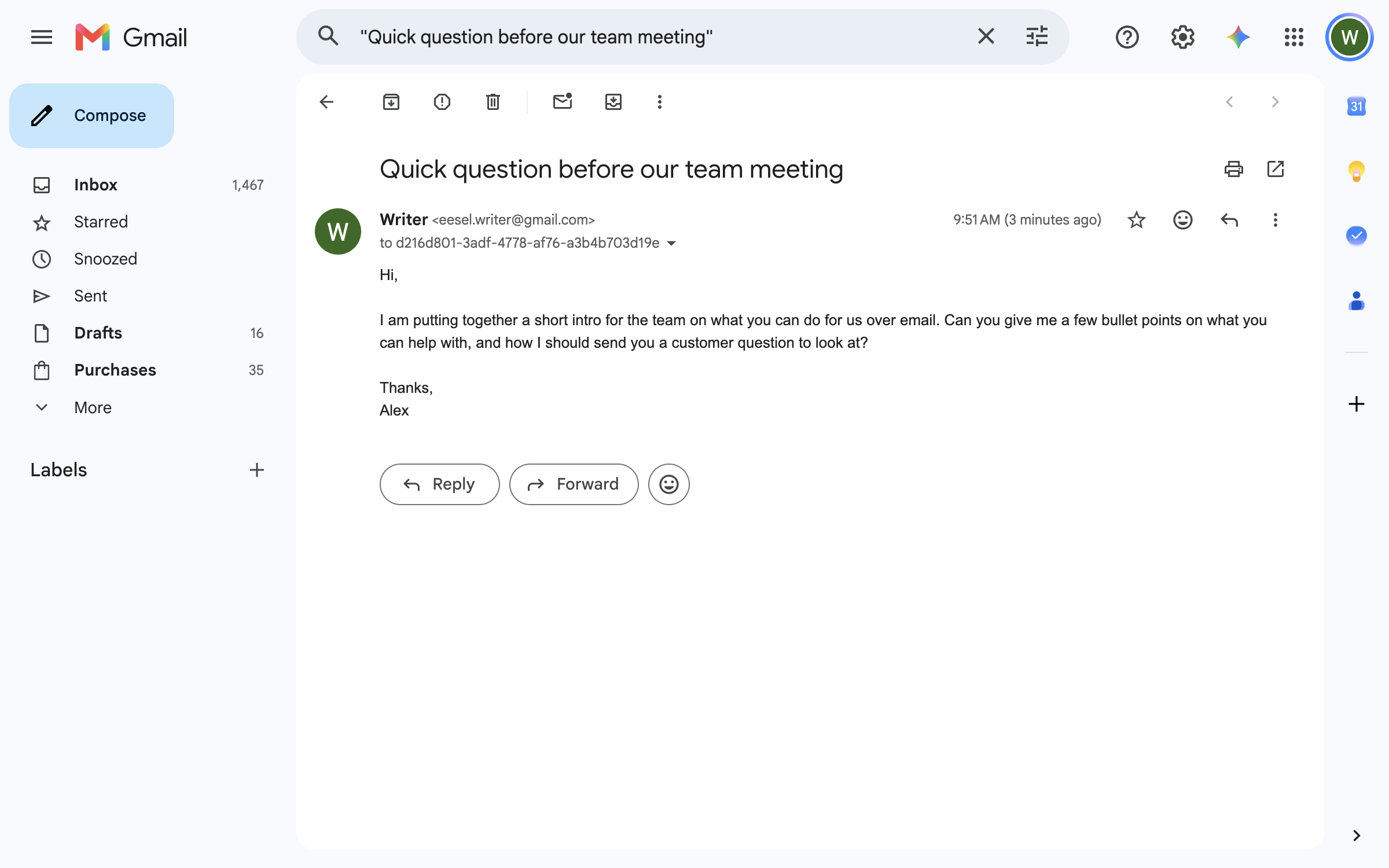 A Gmail compose window addressed to the agent's inbox address, with a subject line and a short question about what the agent can do for the team