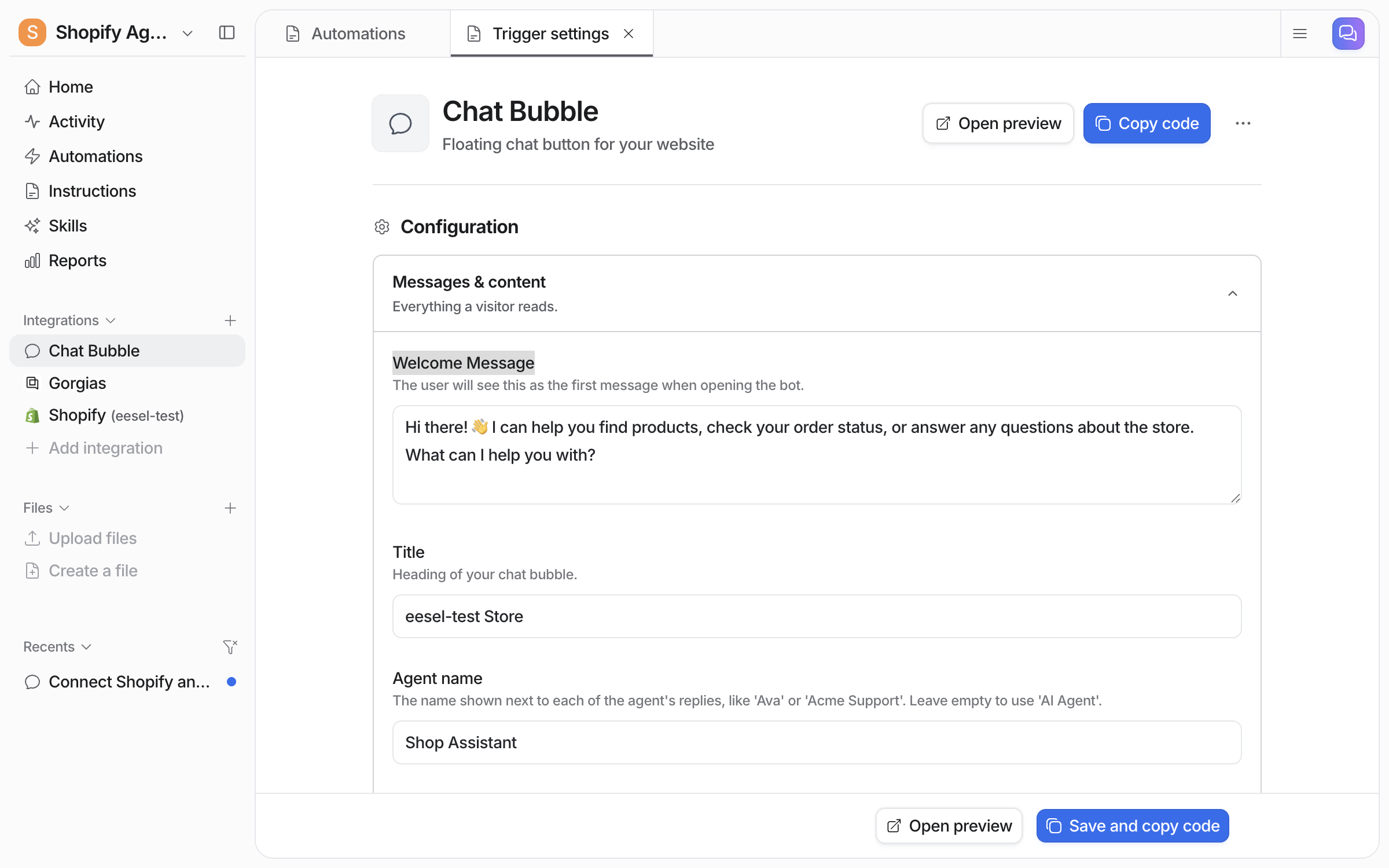 The Chat Bubble settings page in the eesel dashboard, showing the Configuration heading, the Messages and content section with Welcome Message, Title and Agent name fields, and Open preview and Copy code buttons at the top right
