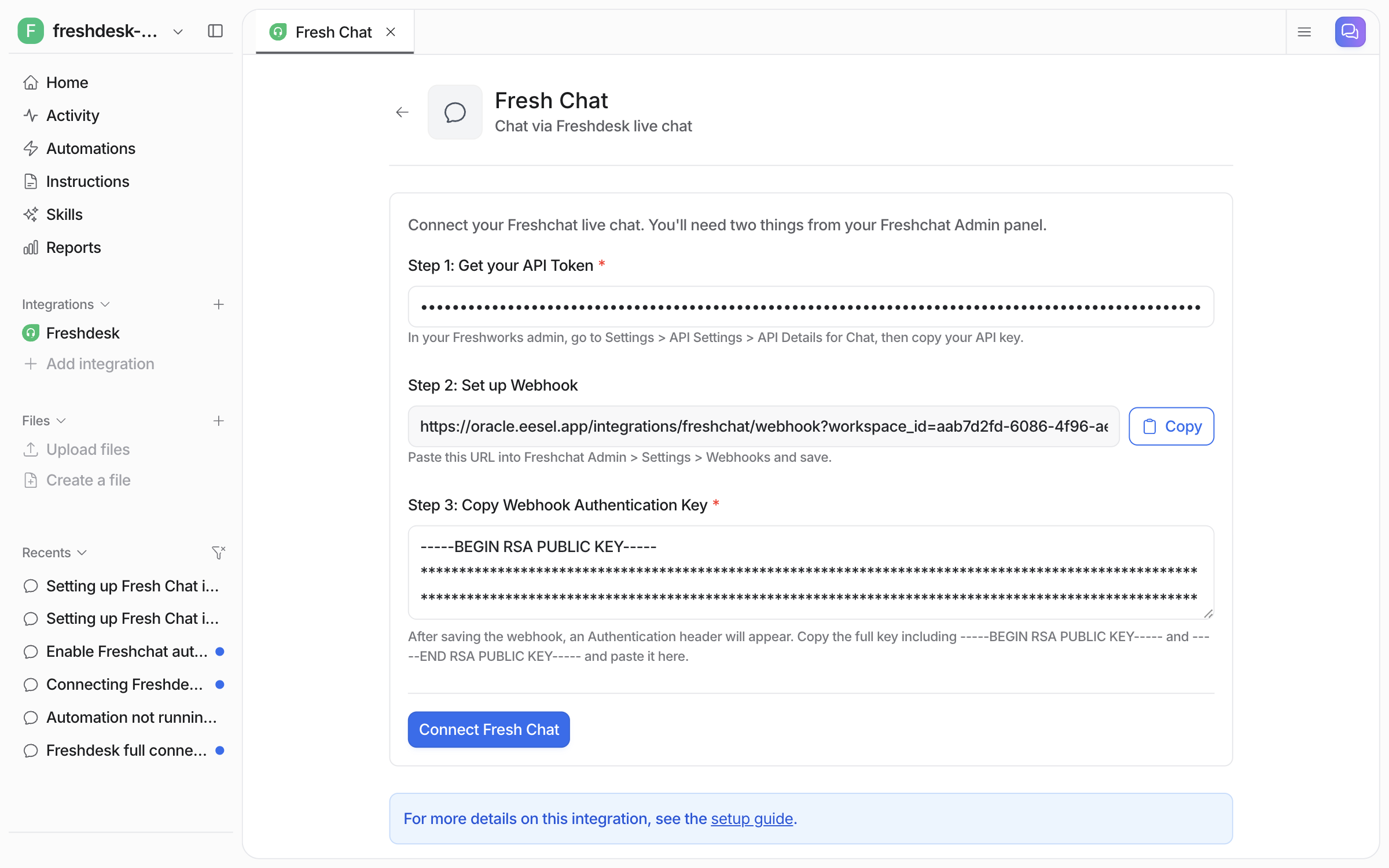 The Fresh Chat setup form with the API token, the webhook URL and the authentication key all filled in, the token and key masked