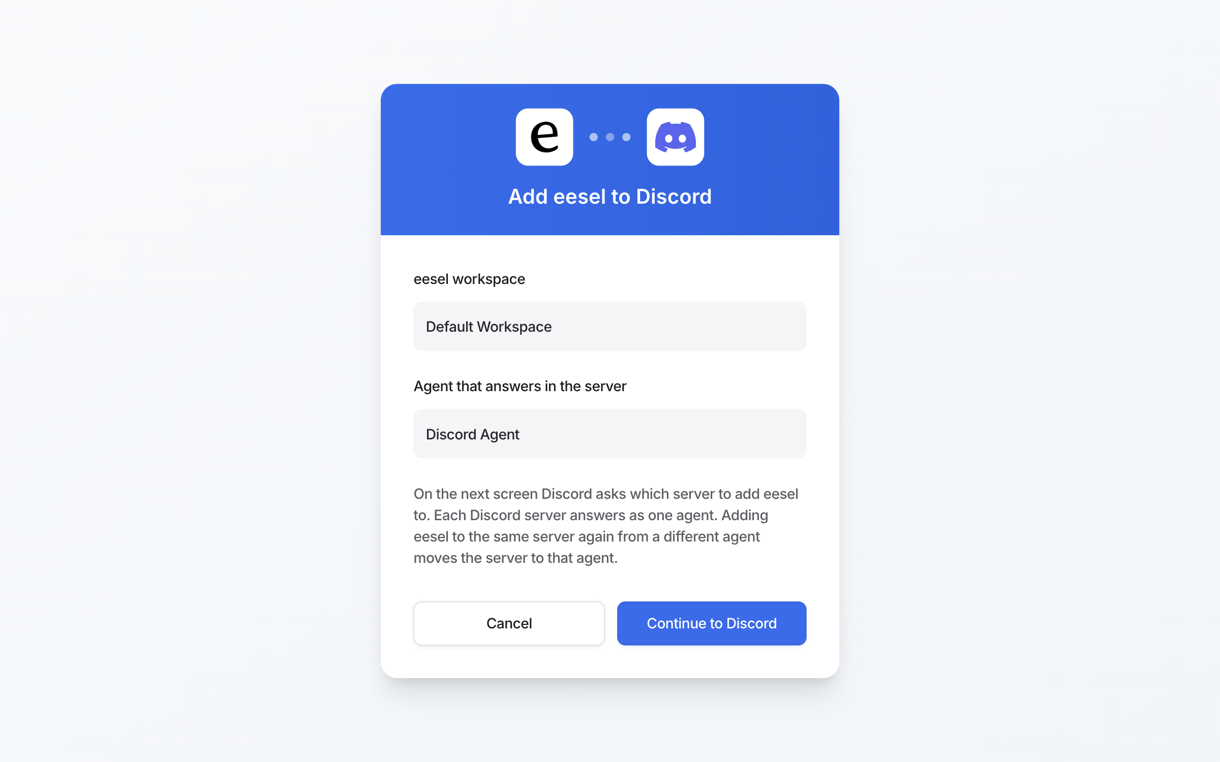 The Add eesel to Discord page showing the eesel workspace and the agent that answers in the server, with Cancel and Continue to Discord buttons