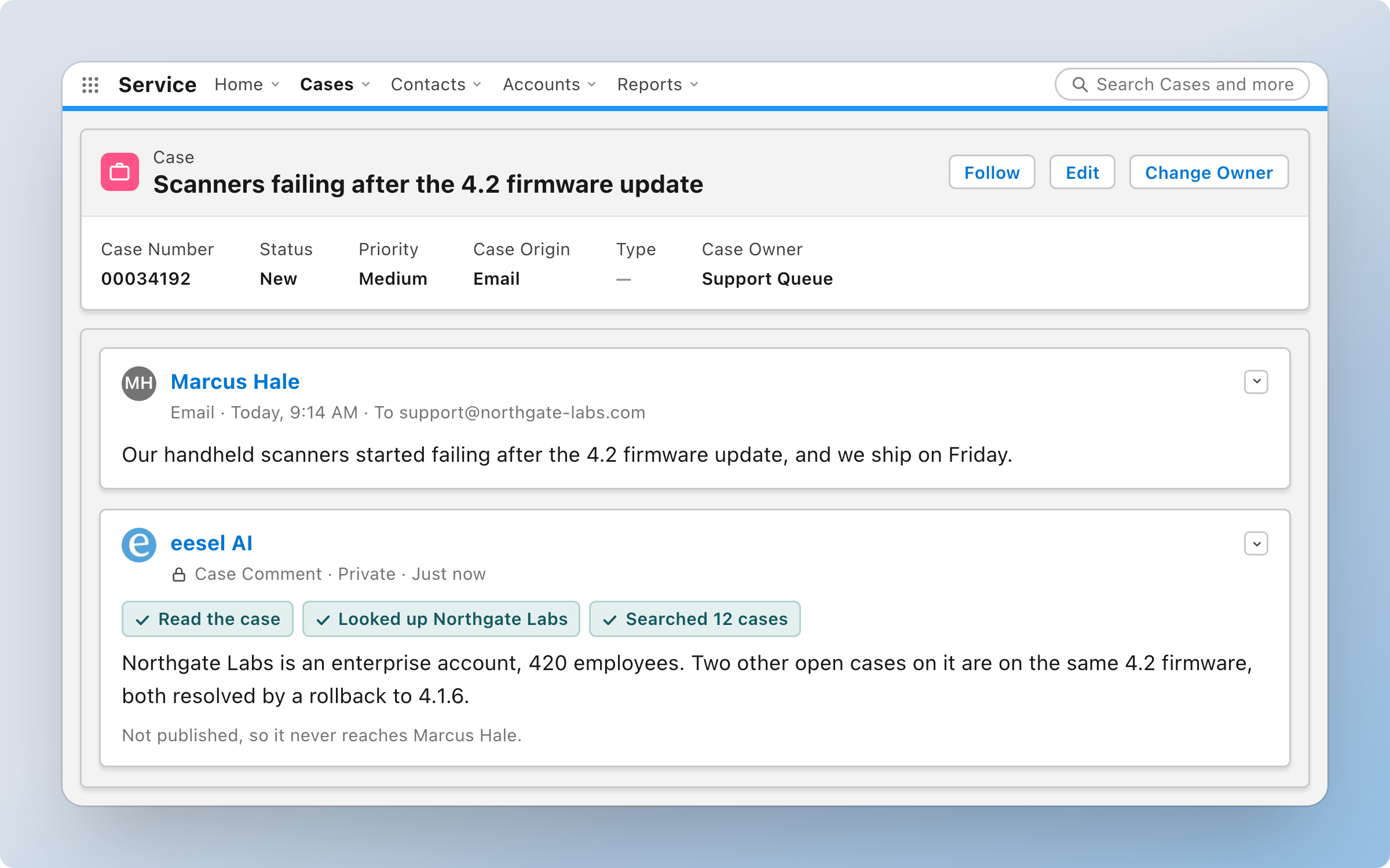 A Salesforce case about scanners failing after a firmware update, with eesel AI posting a private case comment after reading the case, looking up the account and searching twelve other cases