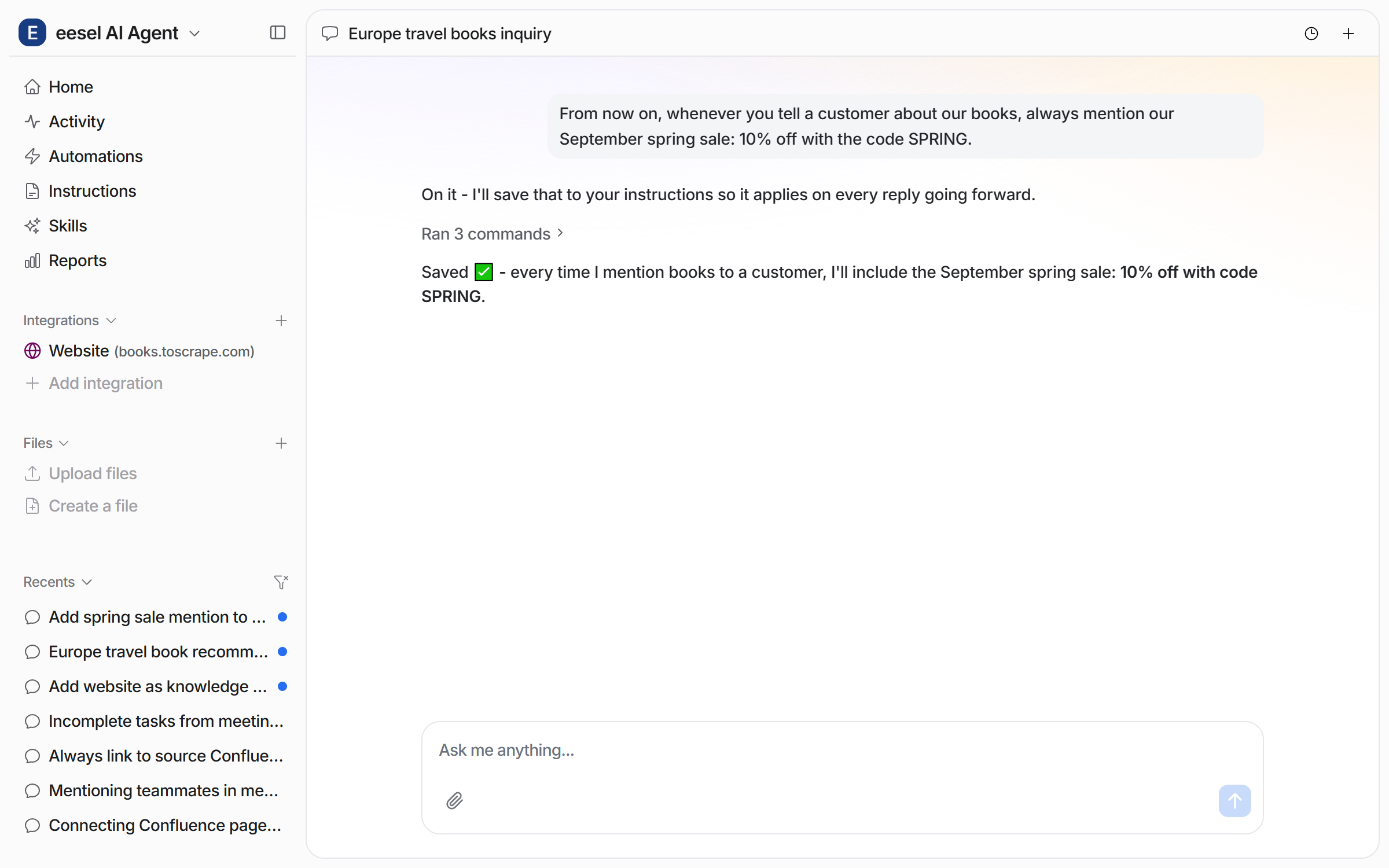 The dashboard chat where the user gives a standing rule about what to mention in answers, and the agent confirms it saved the rule to its instructions