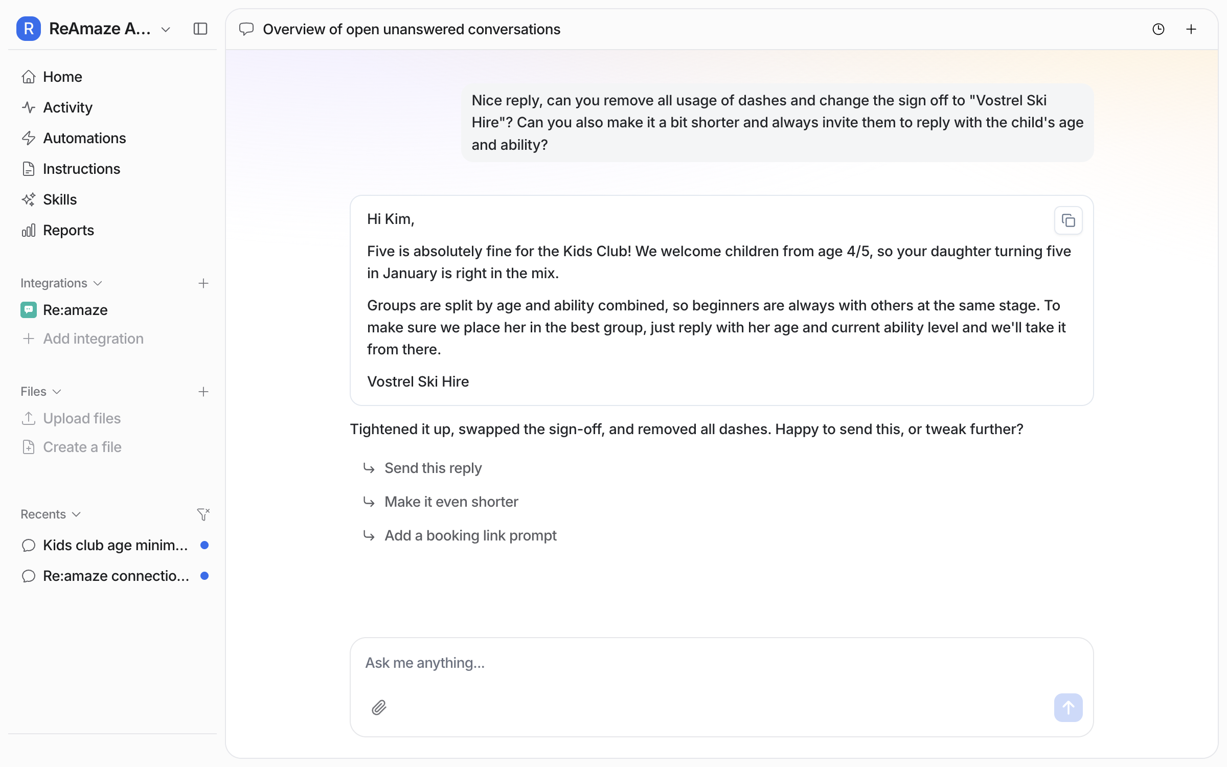 A dashboard chat where the user asks for changes to tone, length and sign-off, and the agent returns the rewritten draft