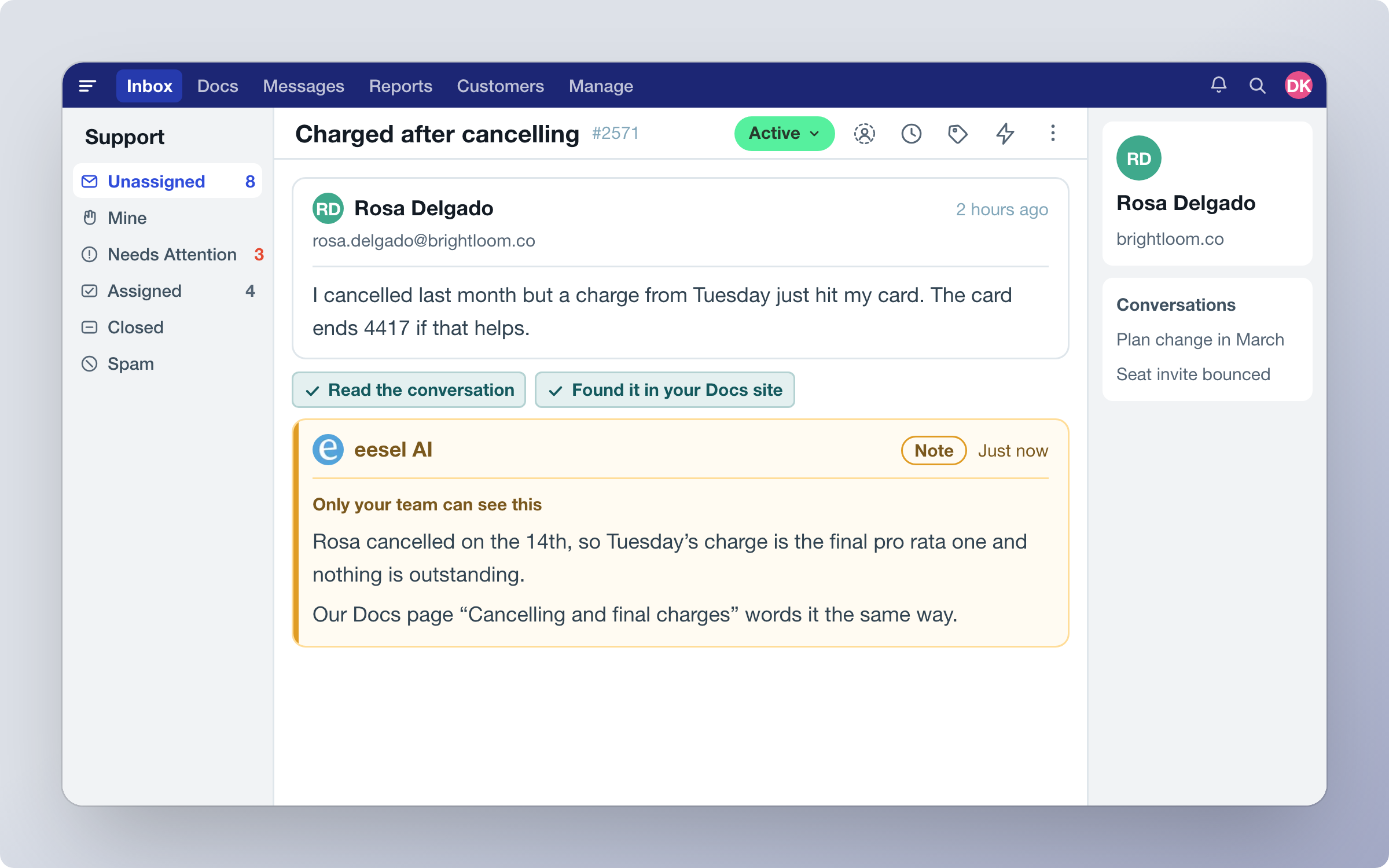 A Help Scout conversation about a charge after cancelling, with eesel AI posting an internal note that answers the question and names the Docs page it came from