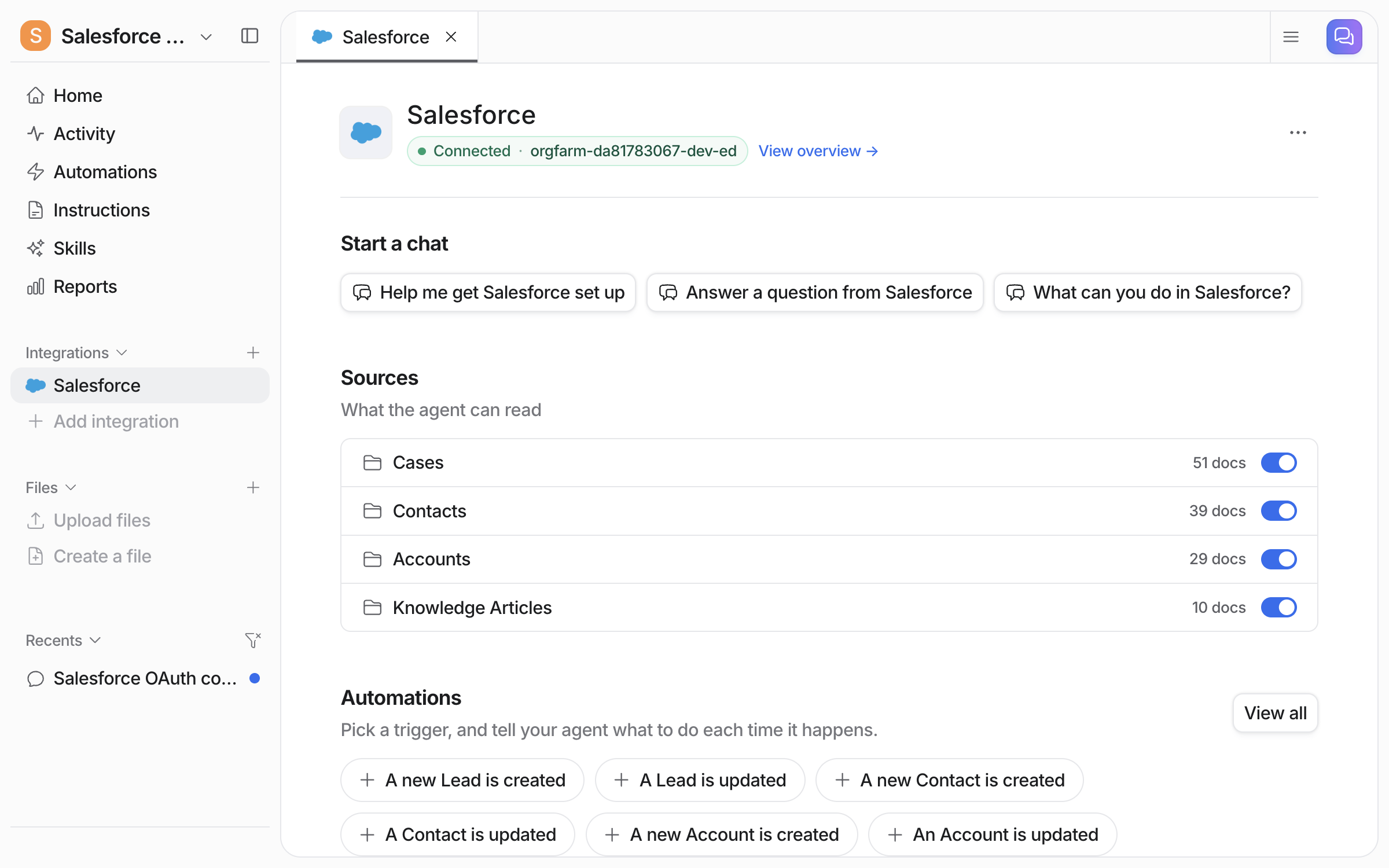 The connected Salesforce integration page in eesel, listing Cases, Contacts, Accounts and Knowledge Articles as sources with document counts and toggles