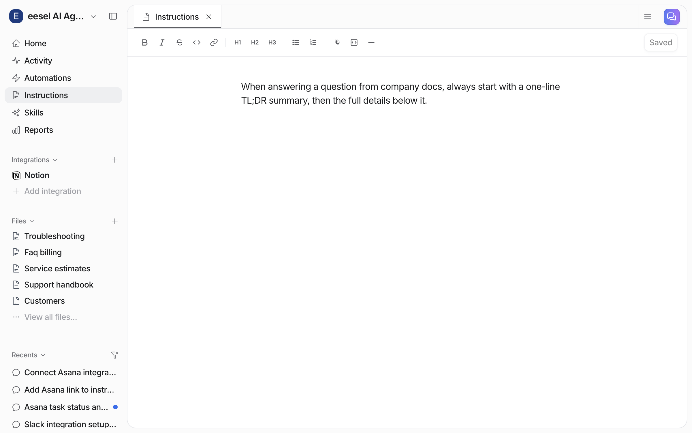 The Instructions page showing the saved rule as editable text, with a Saved label in the toolbar