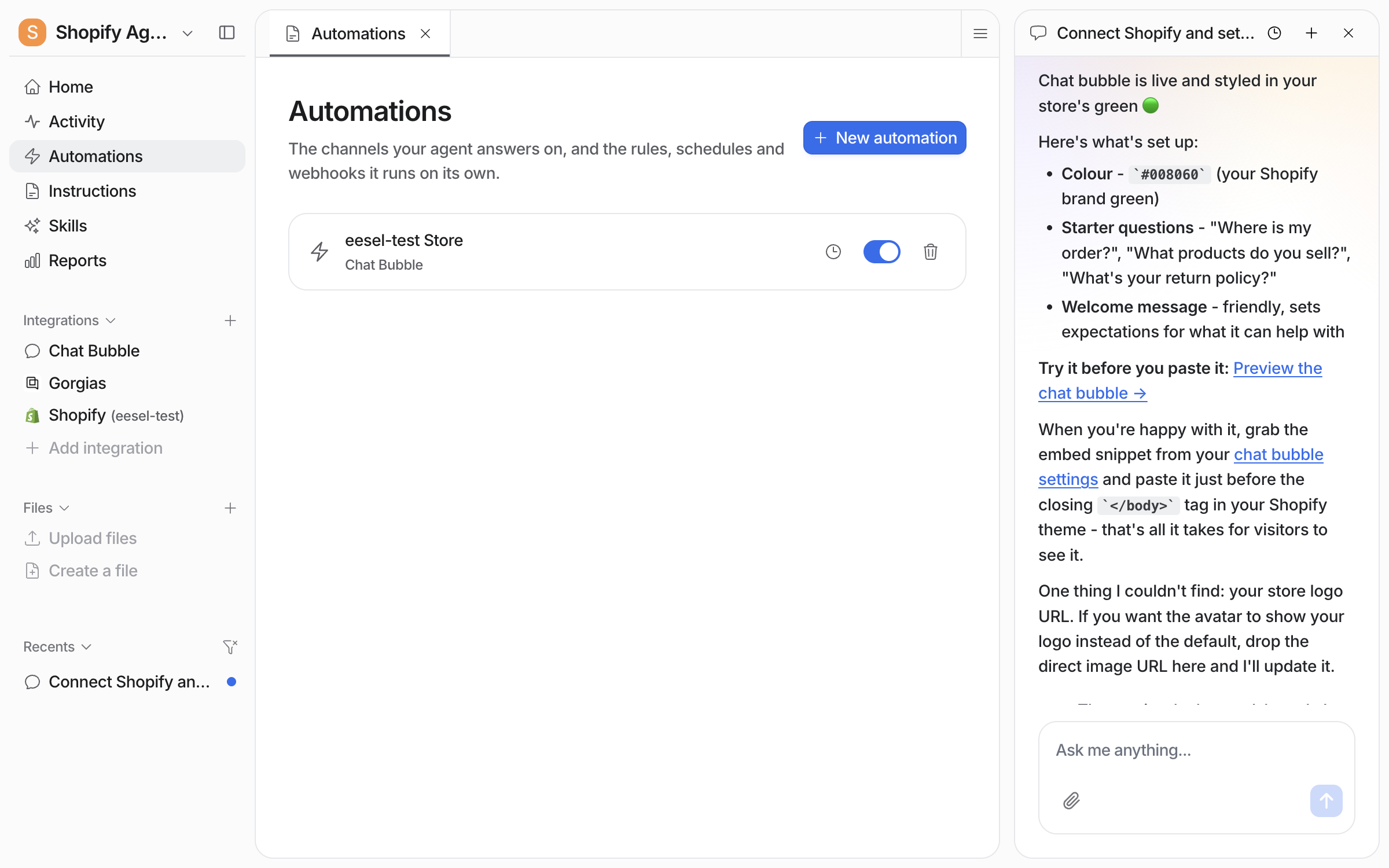 The Automations page in the eesel dashboard listing one Chat Bubble automation switched on, with the setup chat open in a panel beside it