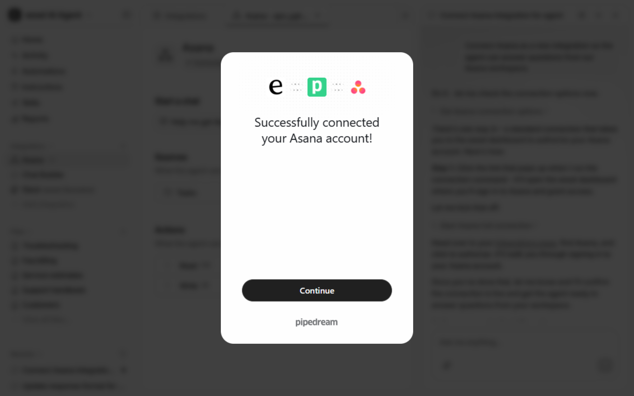 A dashboard modal confirming the Asana account connected successfully, with a Continue button and the Pipedream name below it
