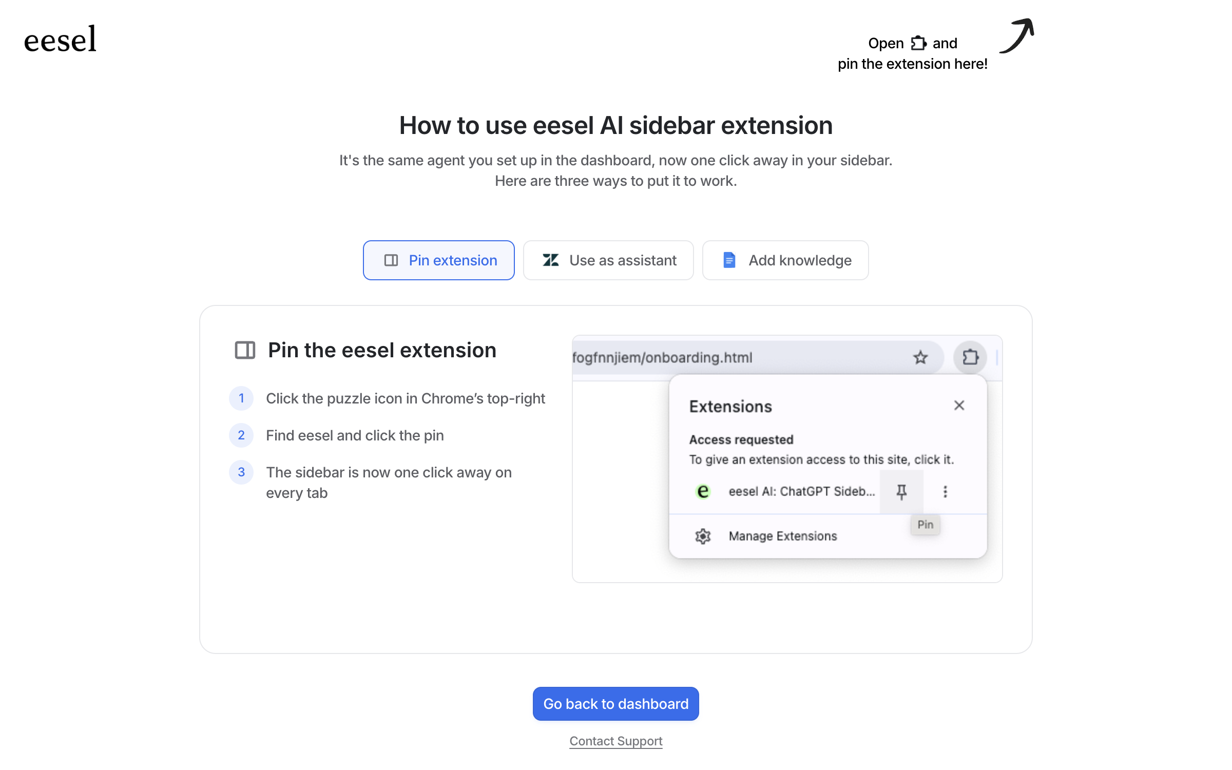 The eesel extension onboarding page, showing the three steps to pin the extension and the Chrome extensions menu with the pin button