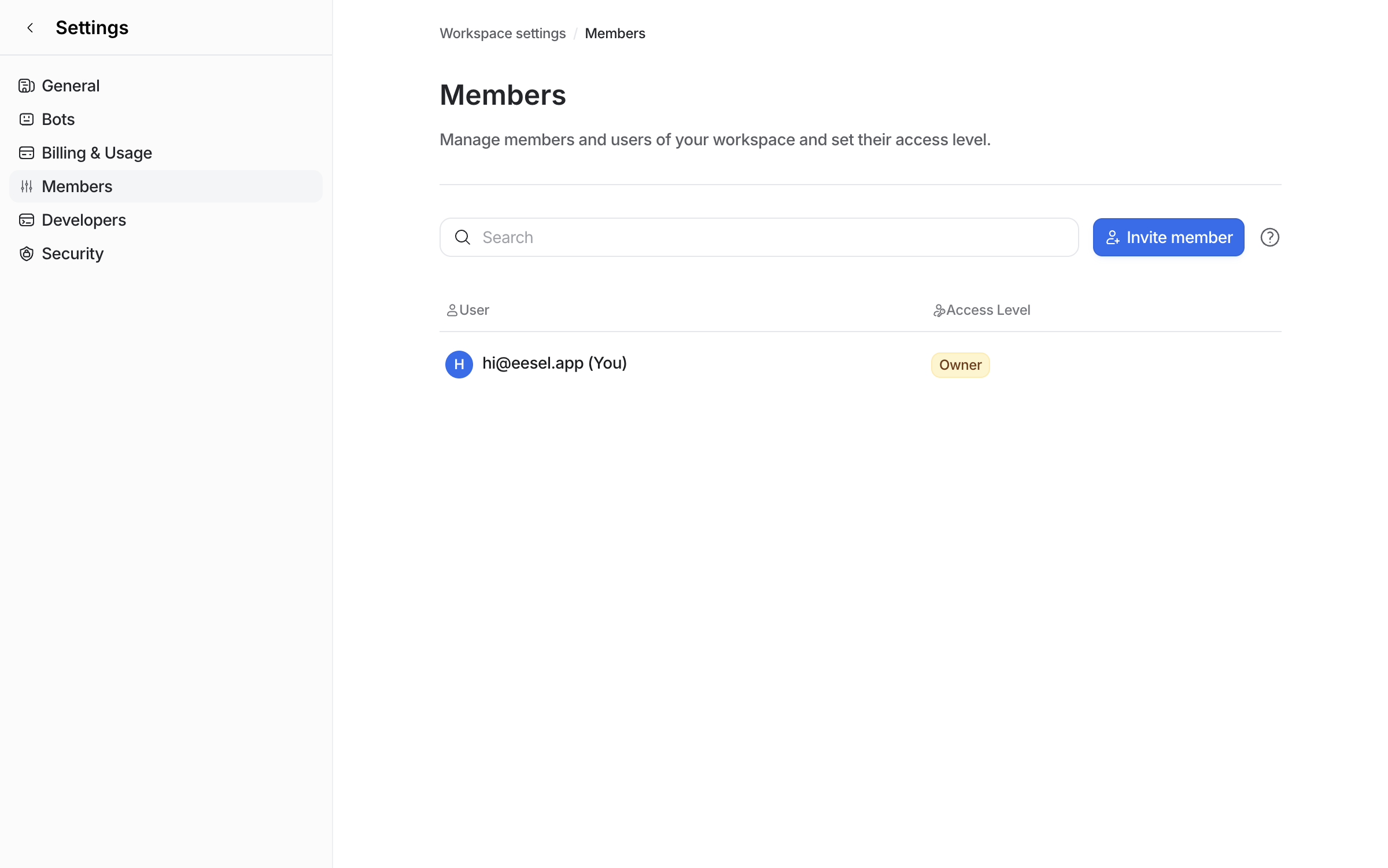 The Members page under Workspace settings, listing one owner and an Invite member button