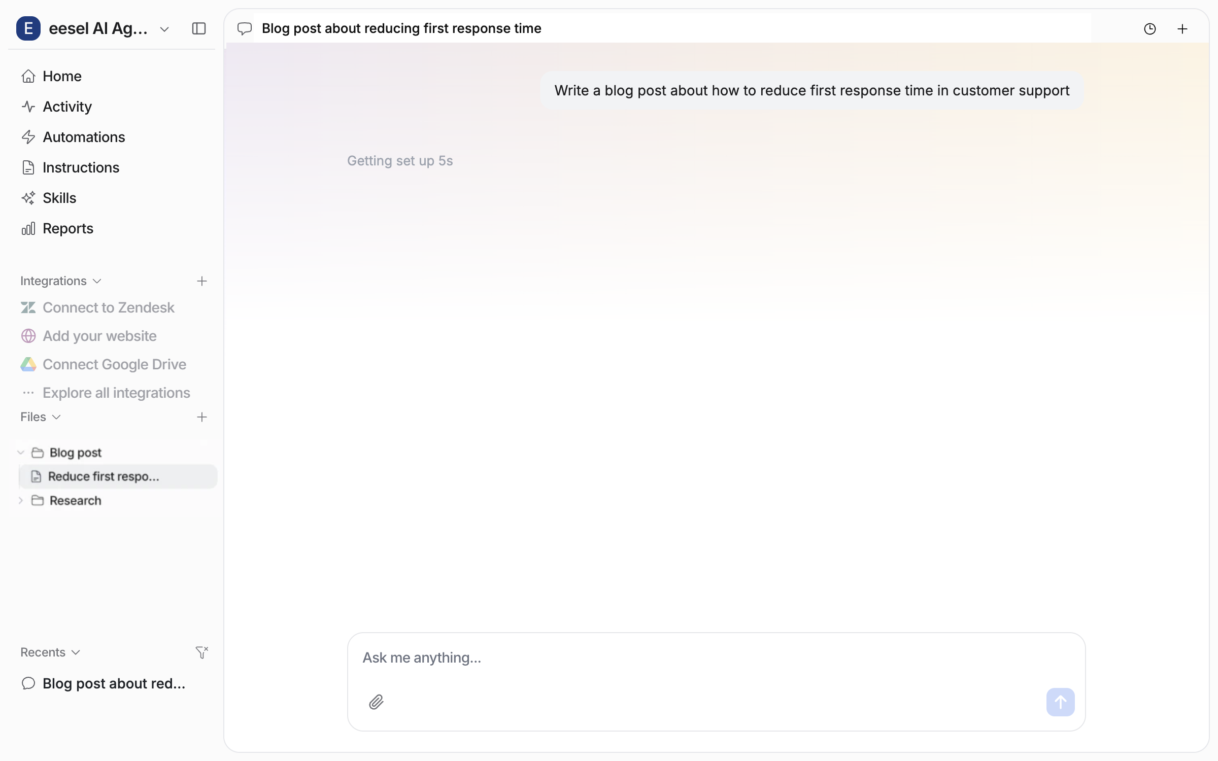 The dashboard chat with a blog post request just sent and the agent getting set up