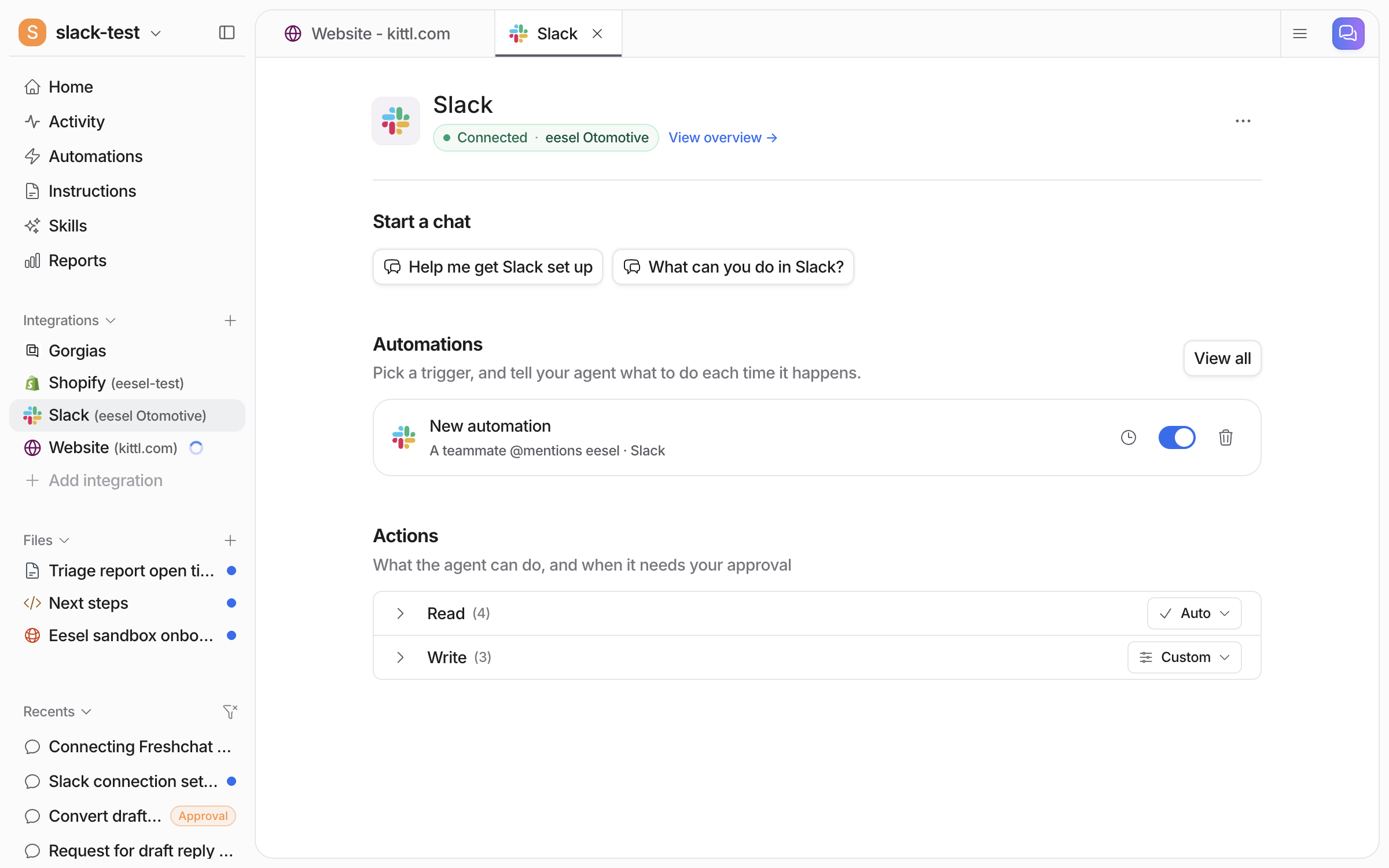 The Slack integration page in the eesel dashboard showing Connected with the workspace name, the mention automation switched on, and the Read and Write action groups