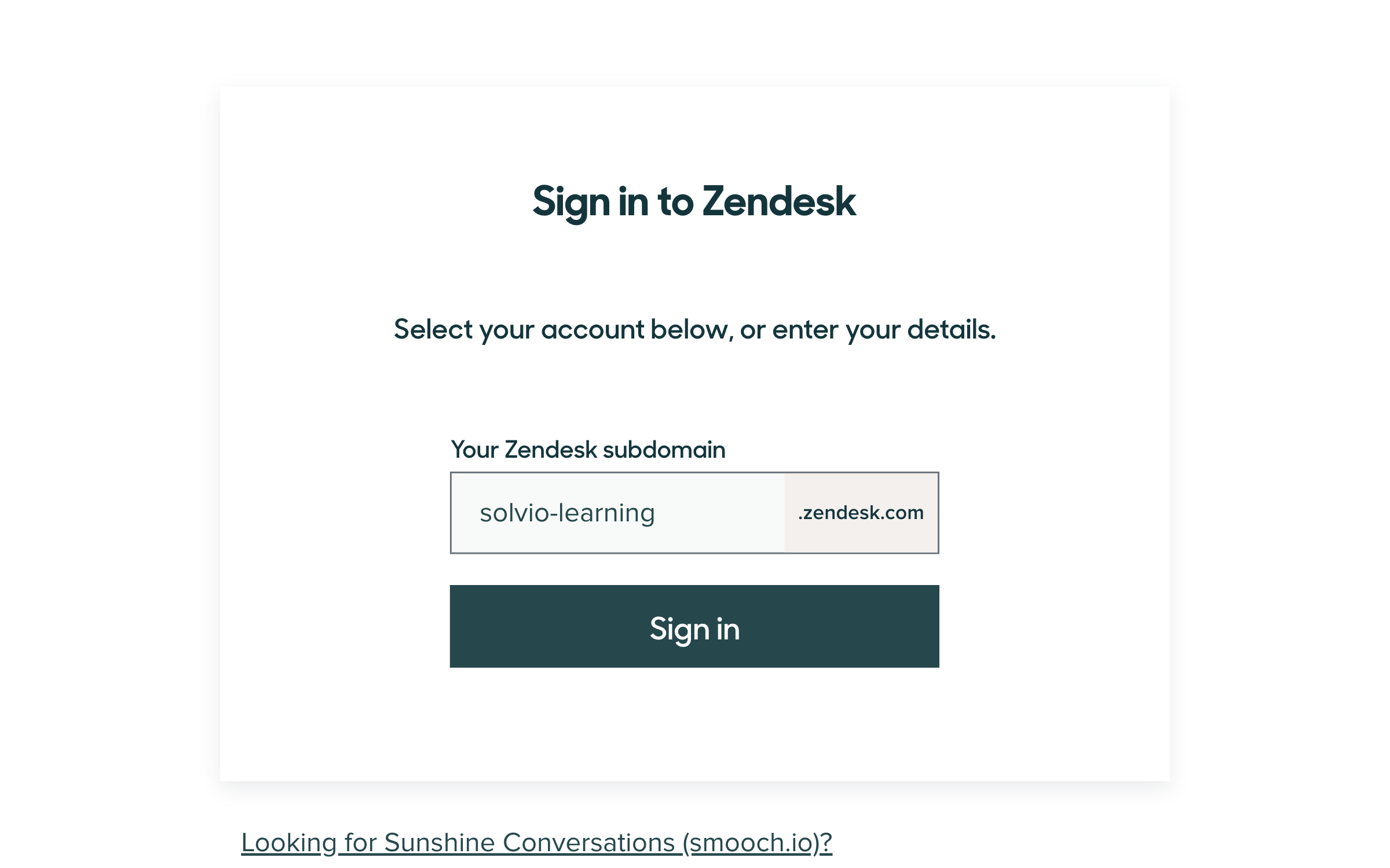 The Zendesk sign-in screen asking for the account subdomain before authorizing