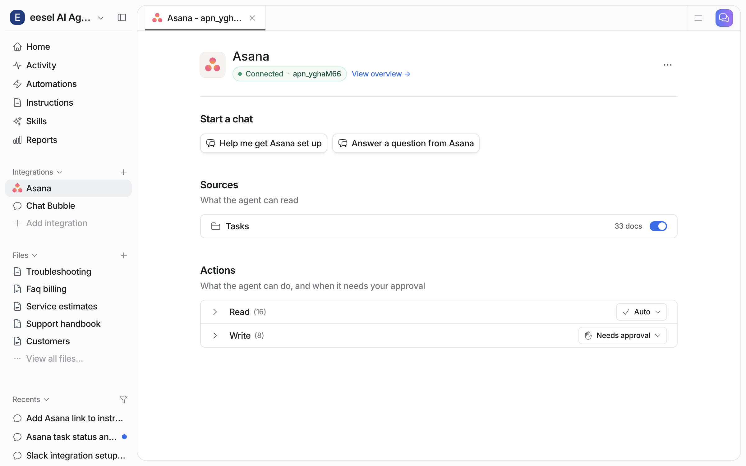 The connected Asana integration page in the eesel dashboard, showing the Tasks source row with a document count and toggle, and the Read and Write action groups set to Auto and Needs approval