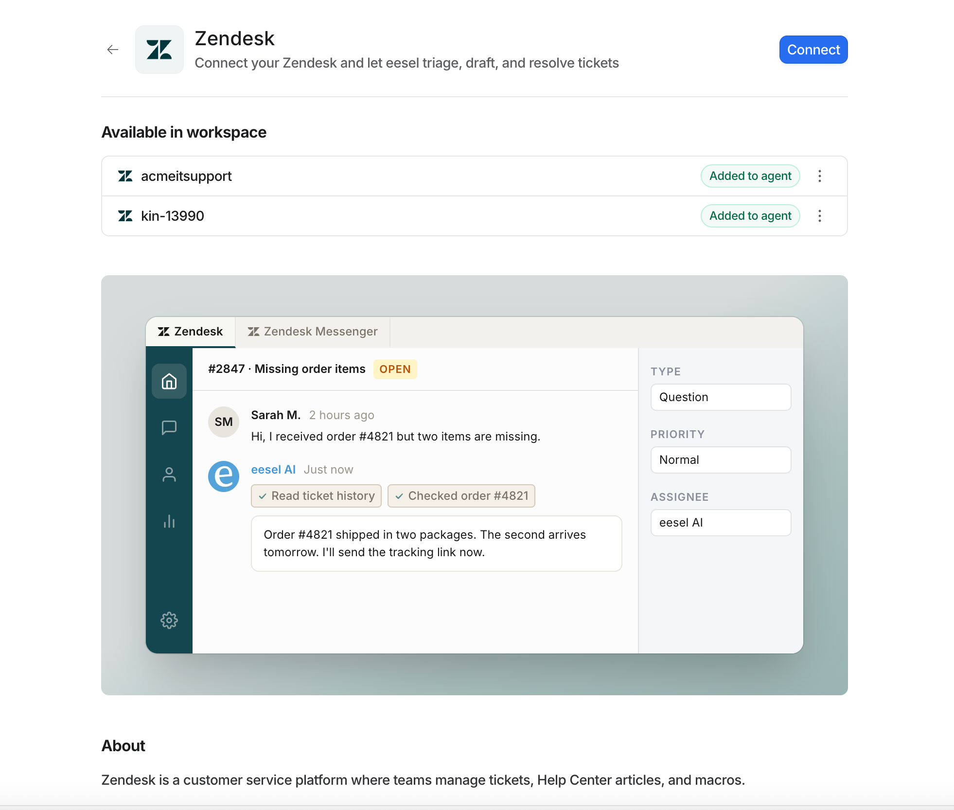 The Zendesk integration screen listing two connected Zendesk accounts