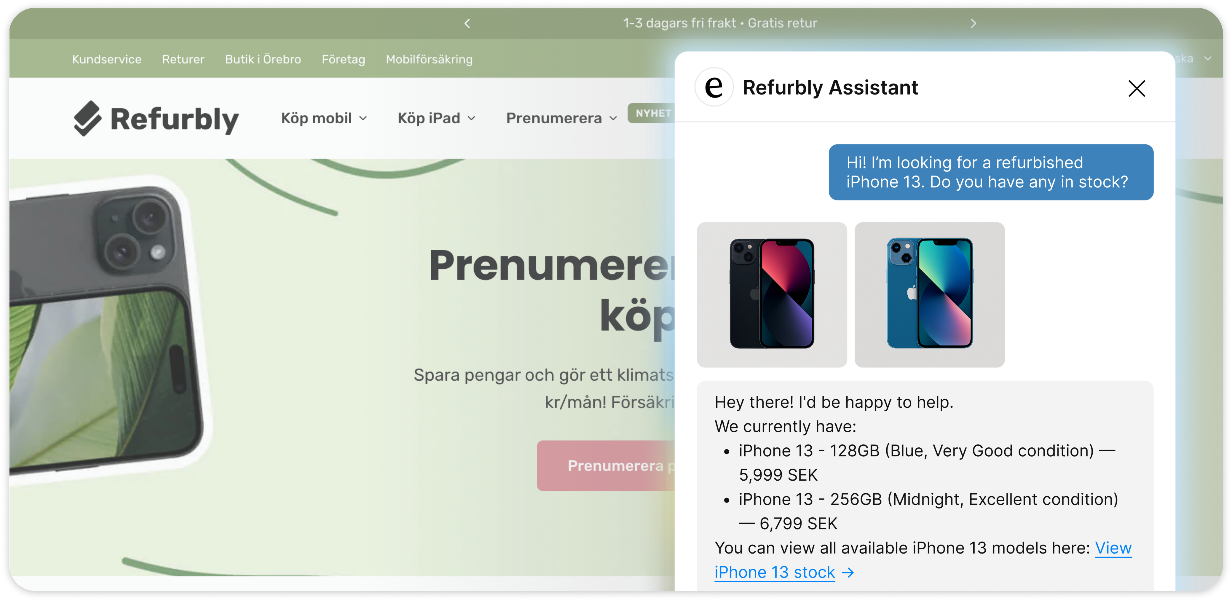 An online store with the eesel chat open, where a customer asks for a refurbished iPhone 13 and the agent replies with two matching products shown as cards, each with condition and price