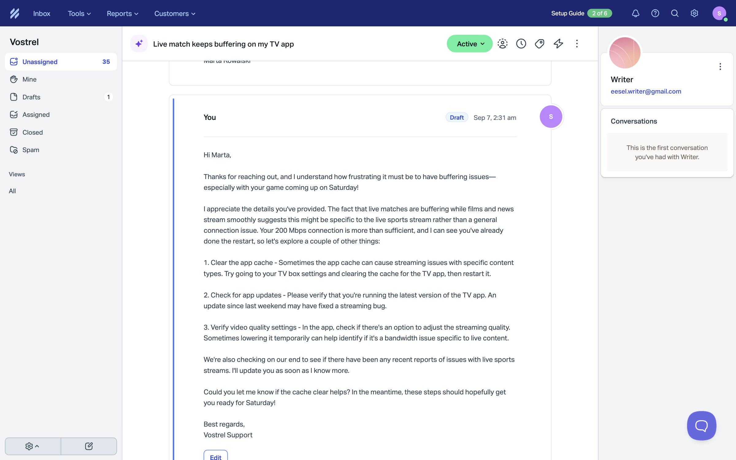 The Help Scout conversation scrolled to the draft reply, labelled Draft, showing the full reply text from Hi Marta to the Vostrel Support sign-off with an Edit button below