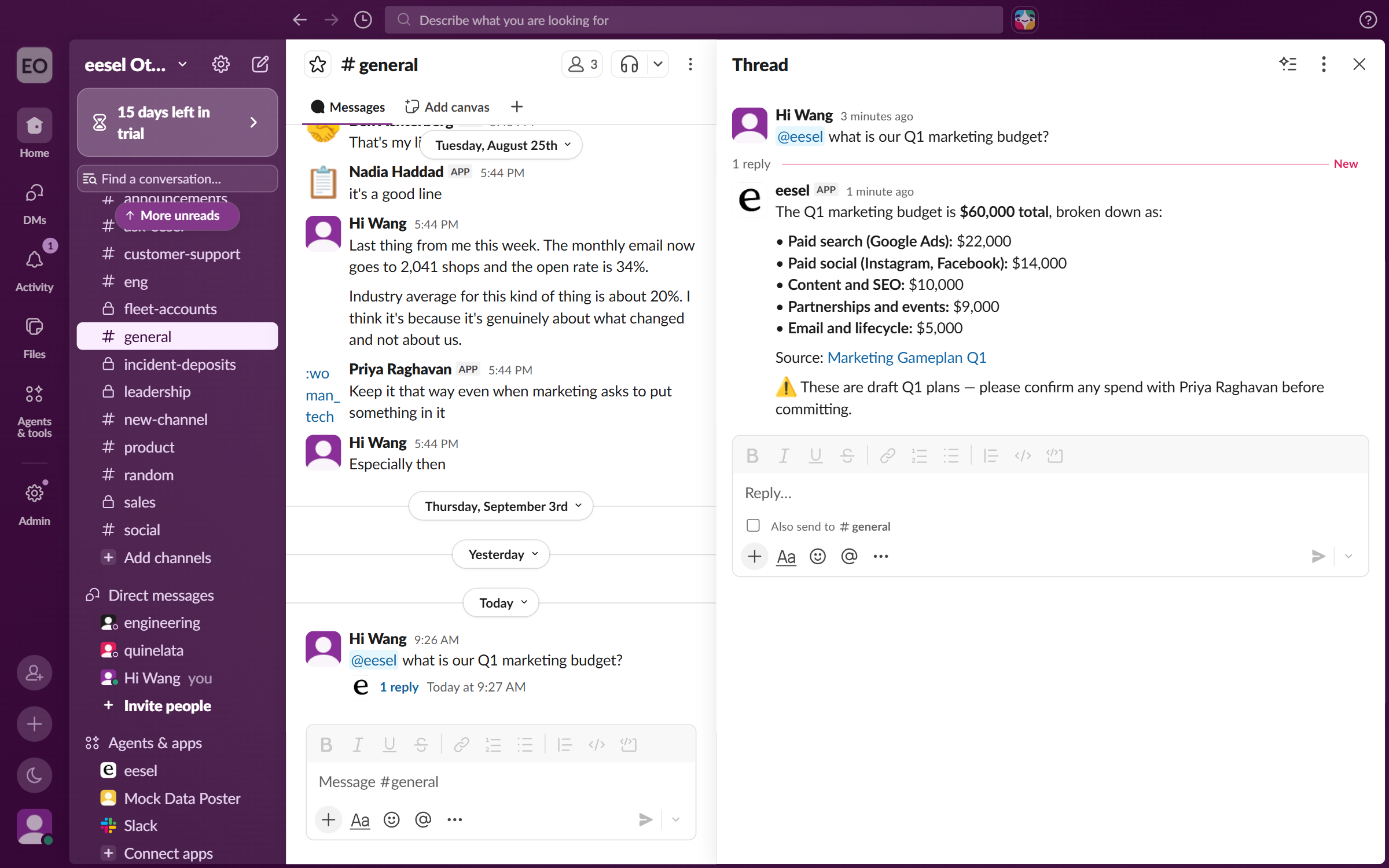A Slack thread where a teammate mentions eesel and the eesel app answers from a Drive document, links the source file and adds a reminder
