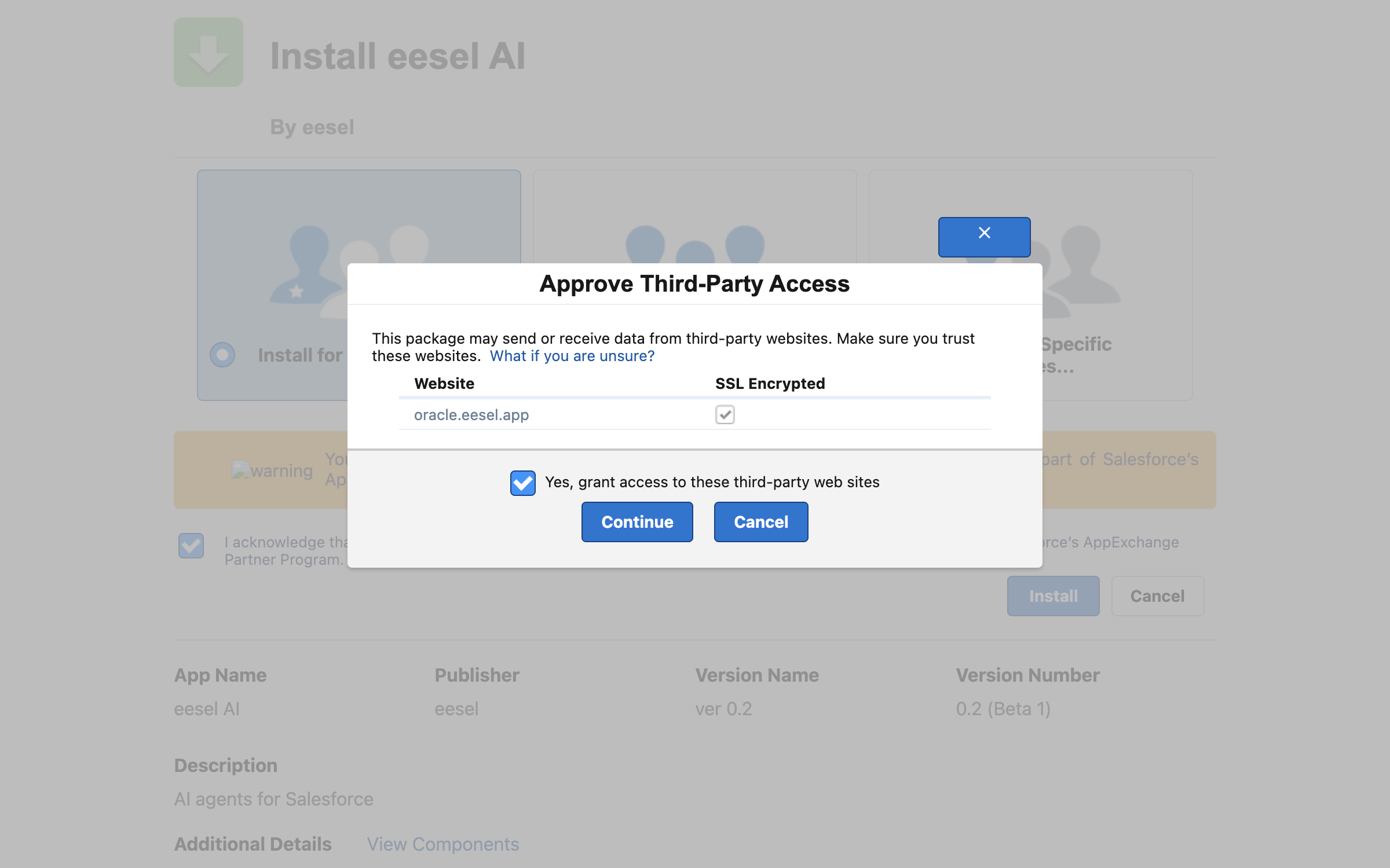 The Salesforce Approve Third-Party Access dialog listing oracle.eesel.app, with the grant access box ticked and a Continue button