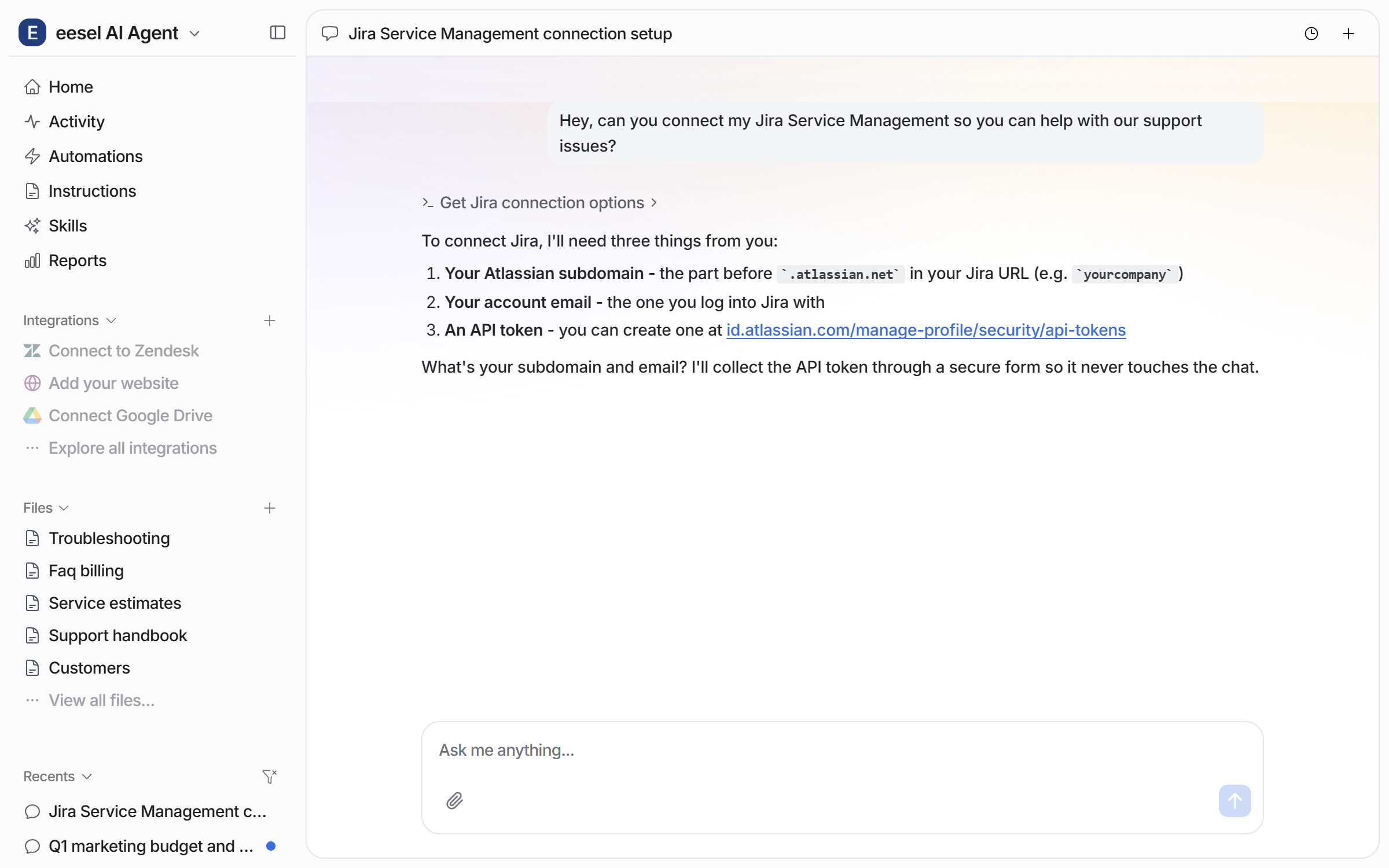 The dashboard chat where the user asks to connect Jira Service Management, and the agent lists the subdomain, the account email and an API token as the three things it needs