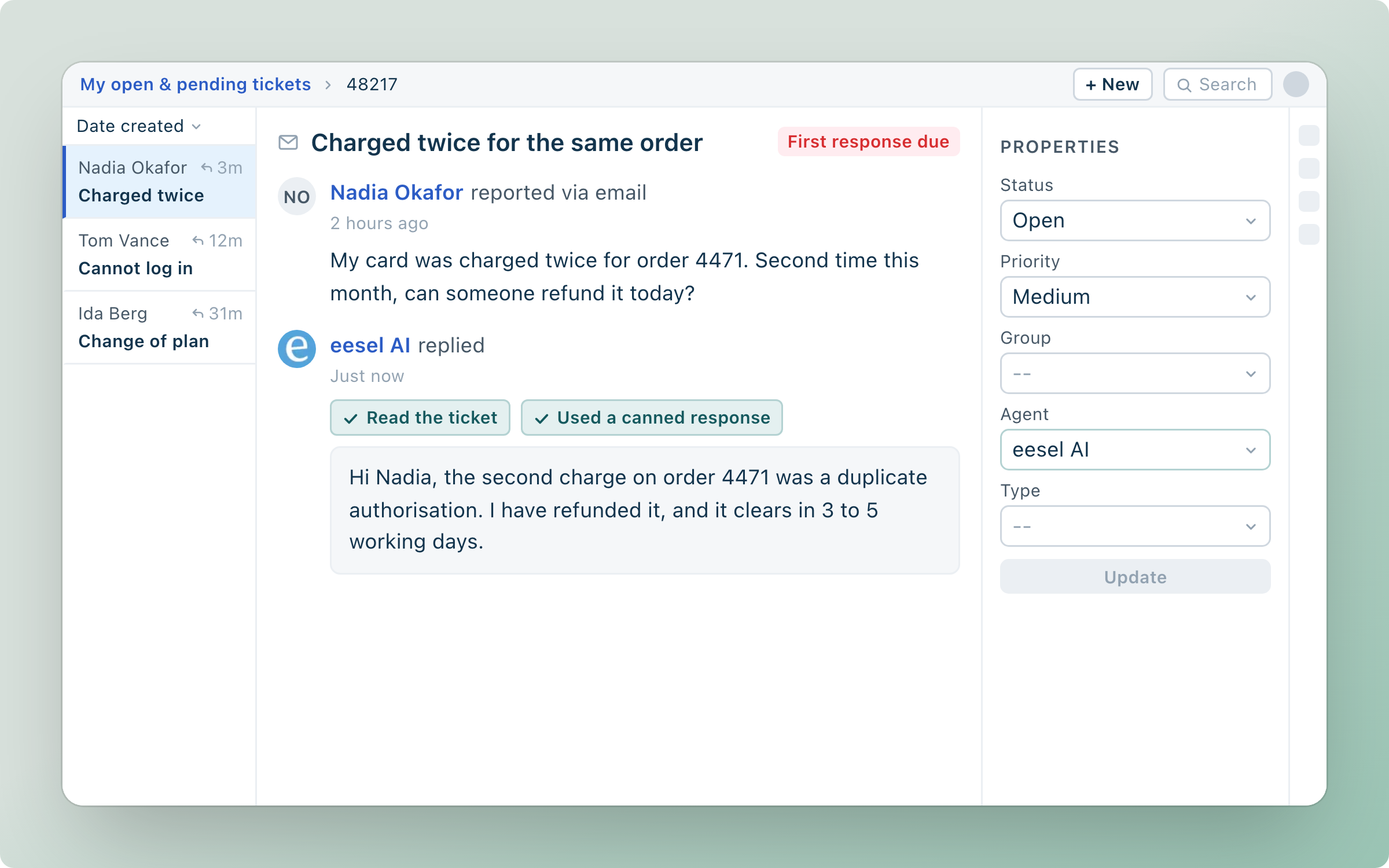 A Freshdesk ticket about a duplicate charge, with the public reply eesel AI sent after reading the ticket and using one of your canned responses