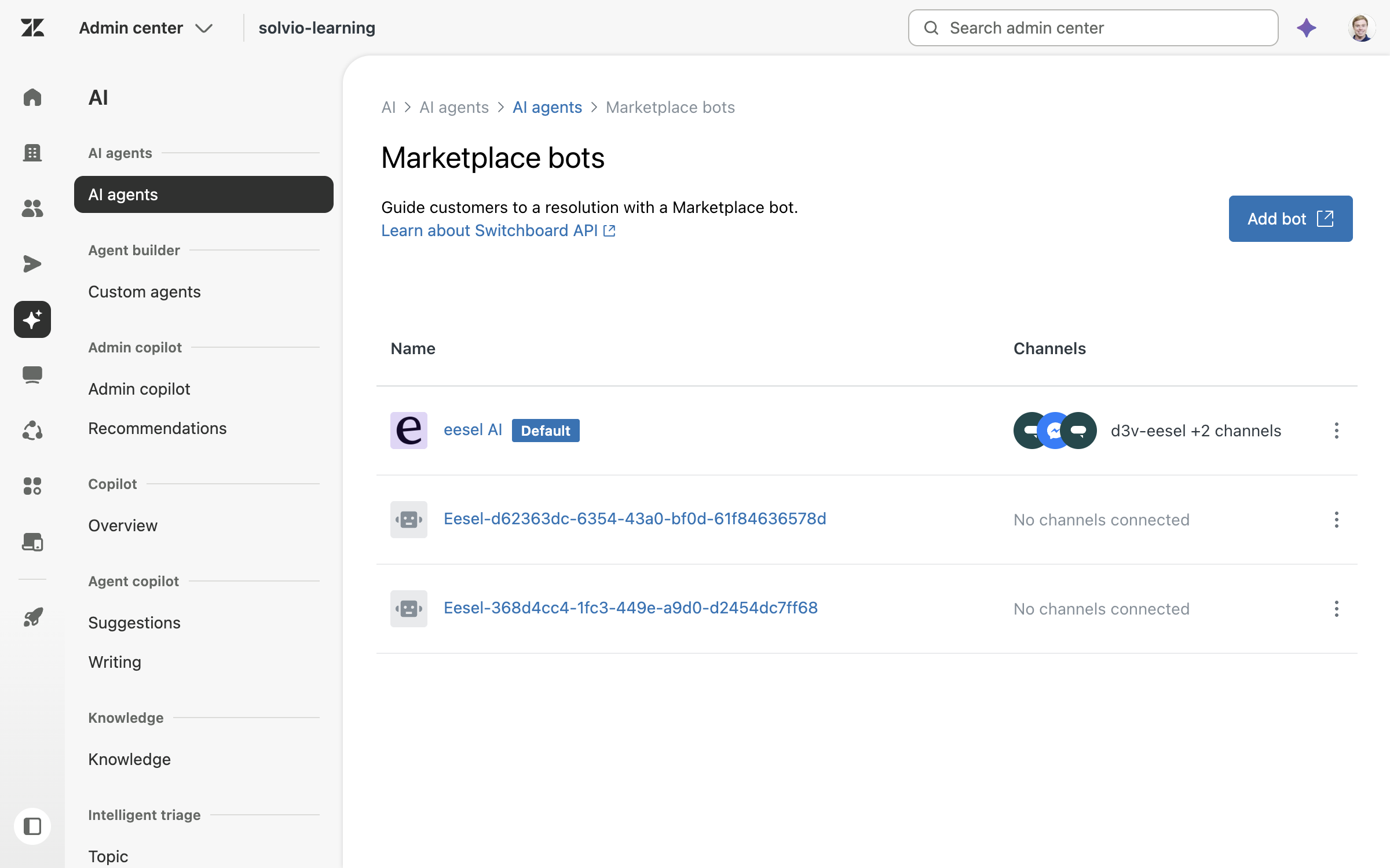 The Zendesk Admin Center Marketplace bots page listing eesel AI as the default bot with its connected channels