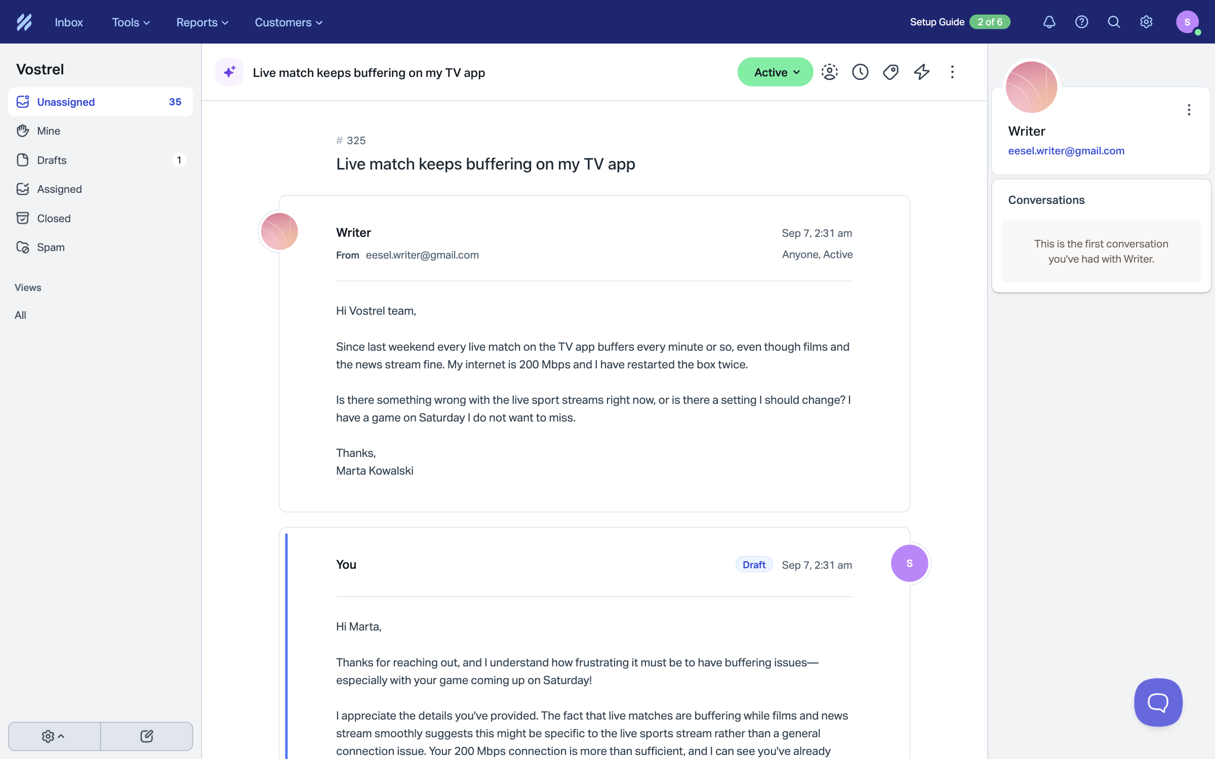 A Help Scout conversation about live match buffering, with the customer's email above and a reply below it marked Draft and attributed to You