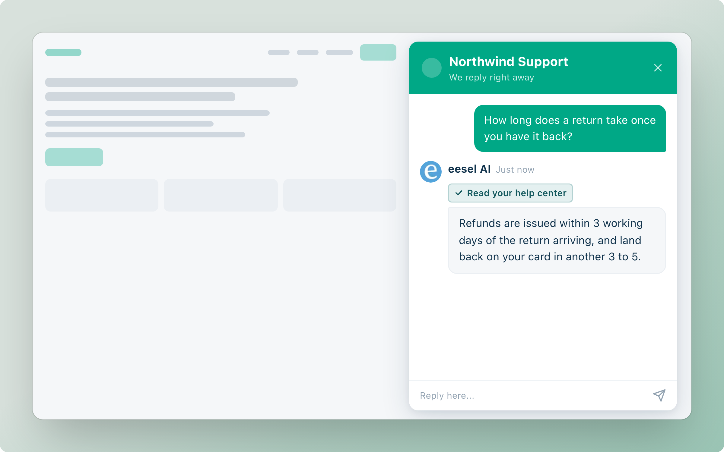 A live chat widget open on a website, where the agent answers a question about refund timing after reading the help center